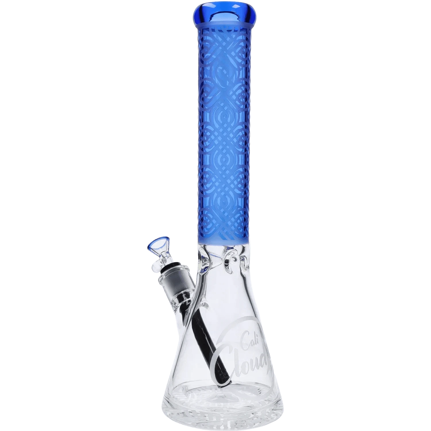 Angled front view of the Cloud Cali X 15-inch Engraved Thick Base Beaker Bong showing its tall blue patterned neck, clear beaker base with downstem, and blue-tipped bowl.