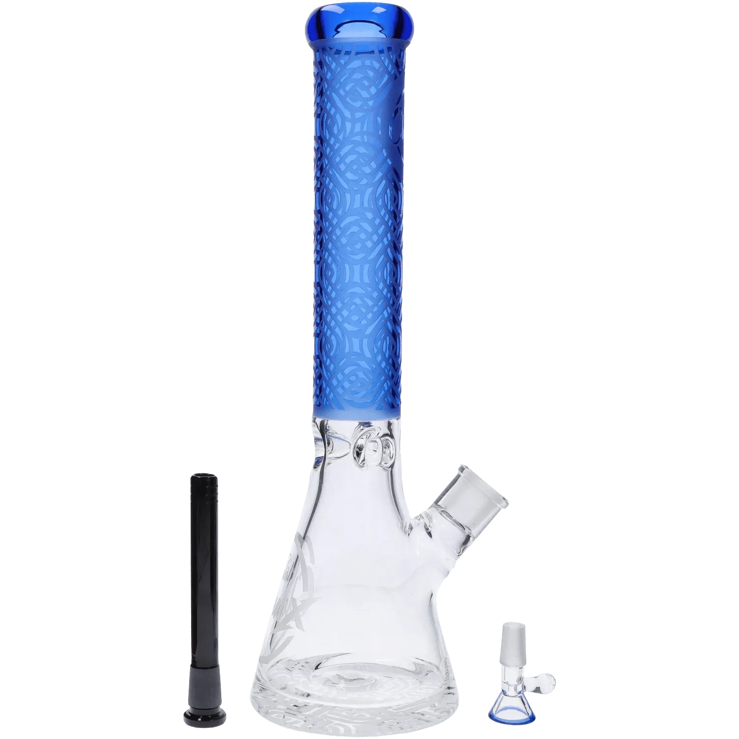 Tall front view of the Cloud Cali X 15-inch Engraved Thick Base Beaker Bong showing a blue patterned neck, clear engraved beaker base, and included accessories.