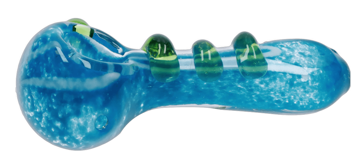 Top-down close-up of the DHC 3-inch Glass with Drips Hand Pipe showing a glossy blue spoon shape with three raised green drip accents.