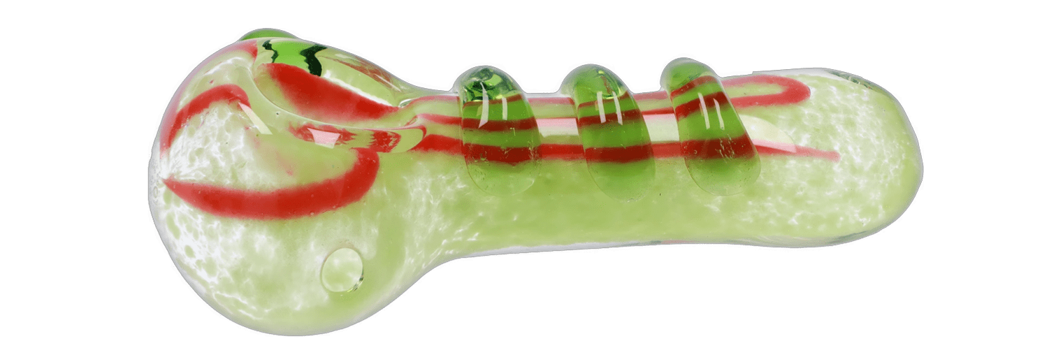 Top-down view of the DHC 3-inch Glass with Drips Hand Pipe showing its green glass body with red swirls and three raised green drips along the stem.