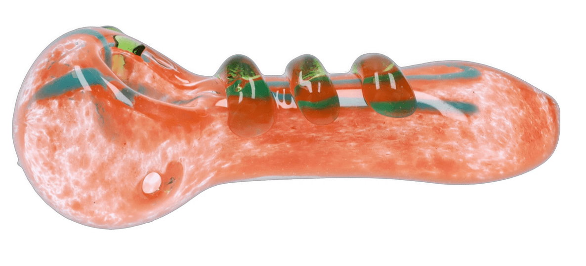 Top-down view of the DHC 3-inch Glass with Drips Hand Pipe showing an orange marbled body with three raised green-striped drips along its stem.