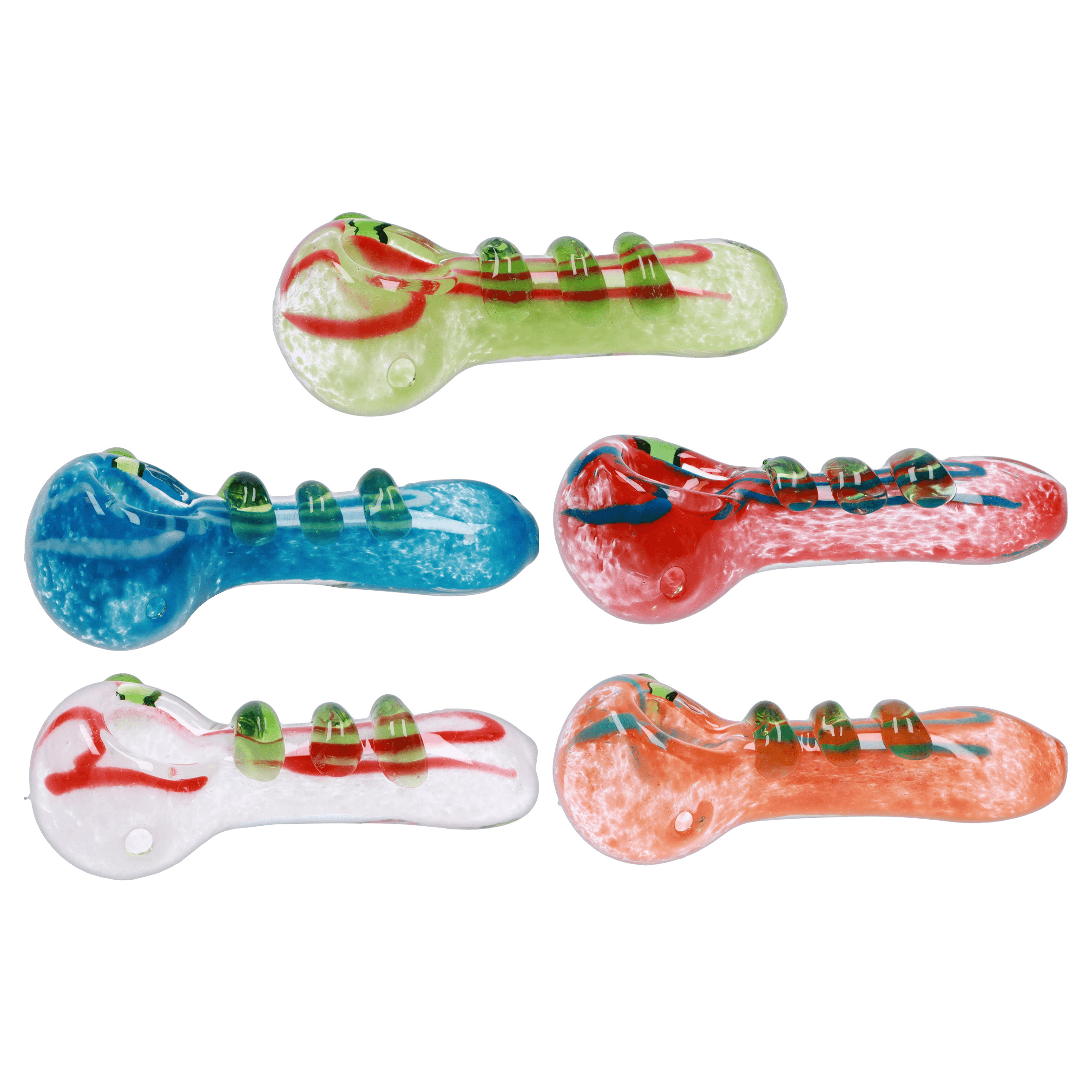 Top-down view of a lime-green DHC 3-inch Glass with Drips Hand Pipe showing red swirl accents and three raised glass drips.