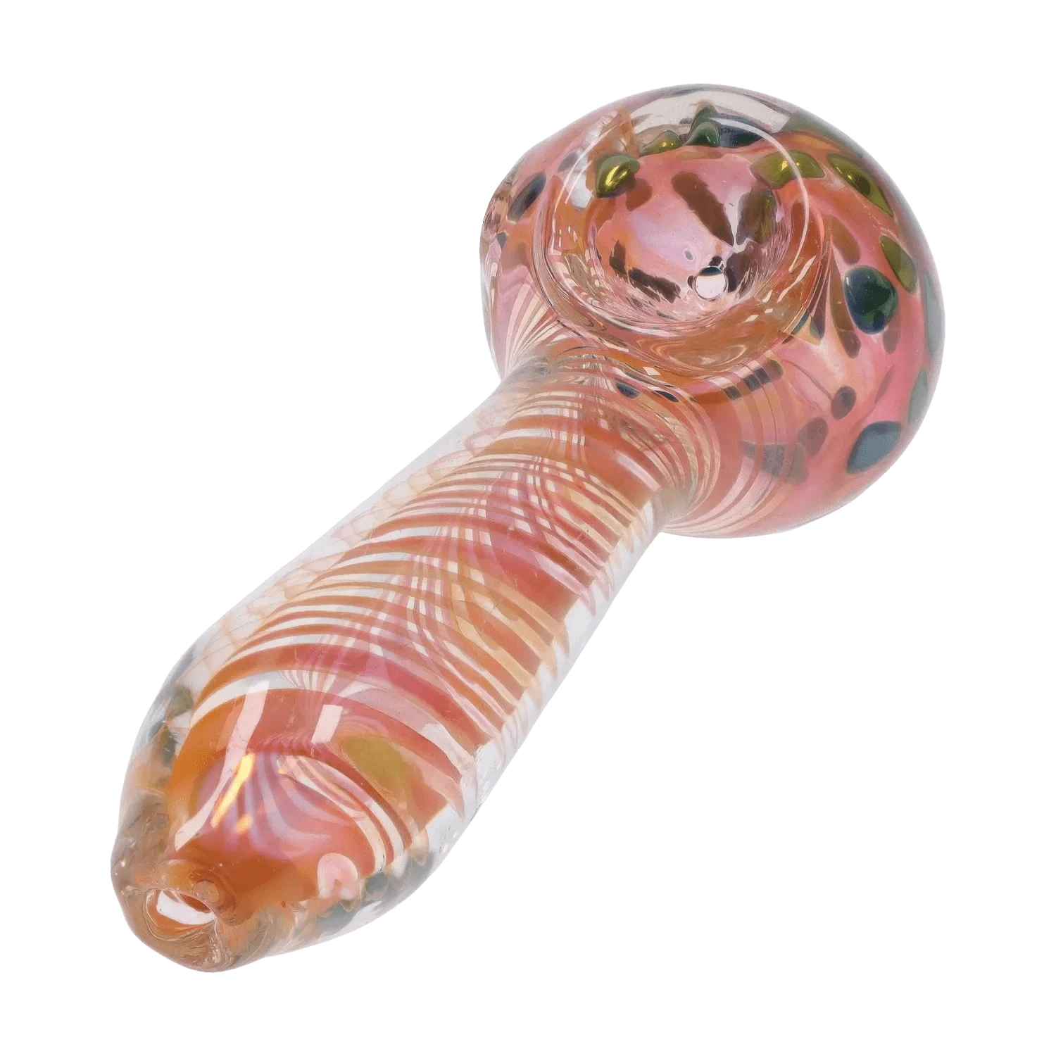 Angled close-up of the 3-inch Class Colorful Fumed Hand Pipe showing a pinkish fumed bulb and swirled striped stem with reflective dots.