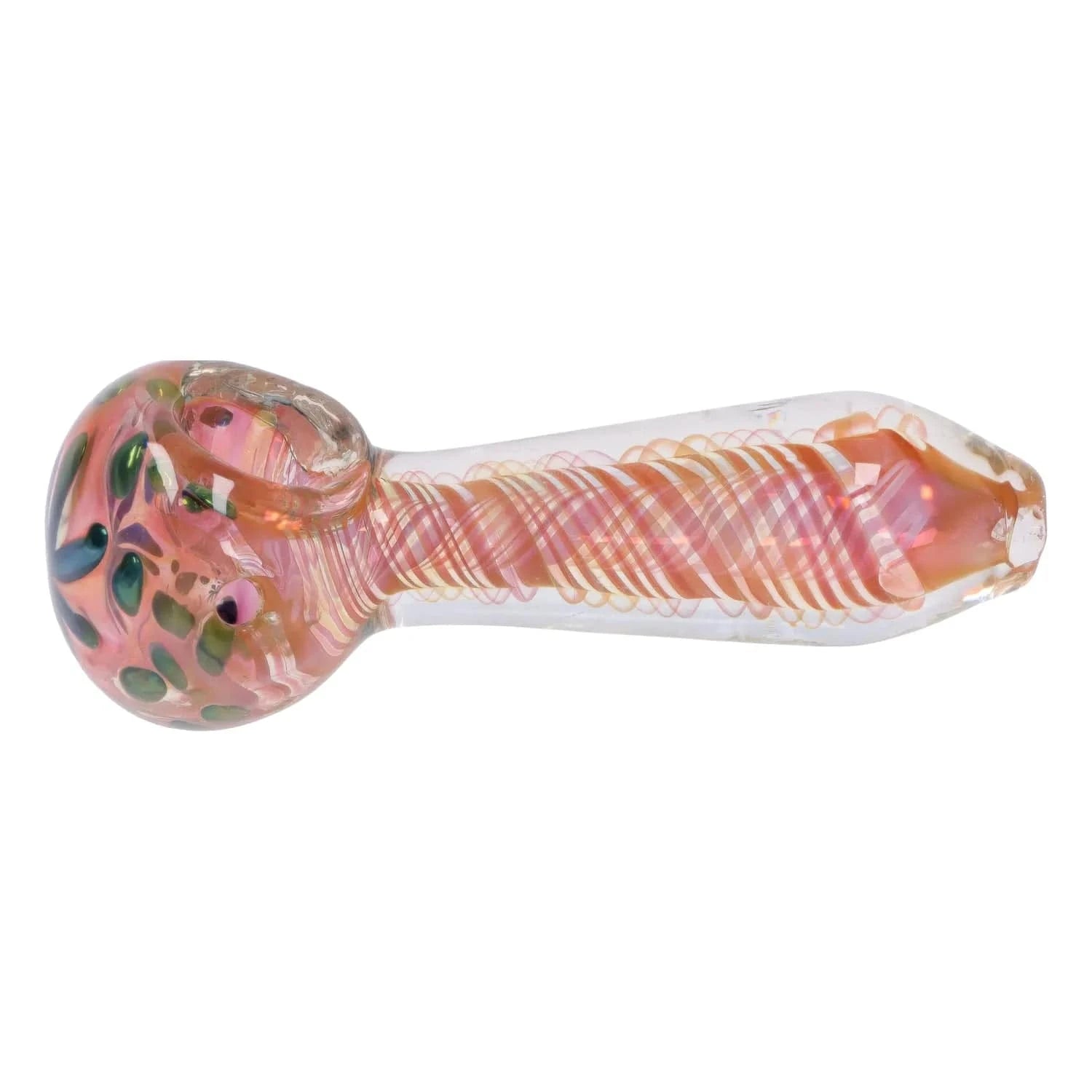 Side view of a colorful 3-inch Class Colorful Fumed Hand Pipe showing a clear glass body with pink-orange spiral fuming and green teardrop accents on the rounded bowl.
