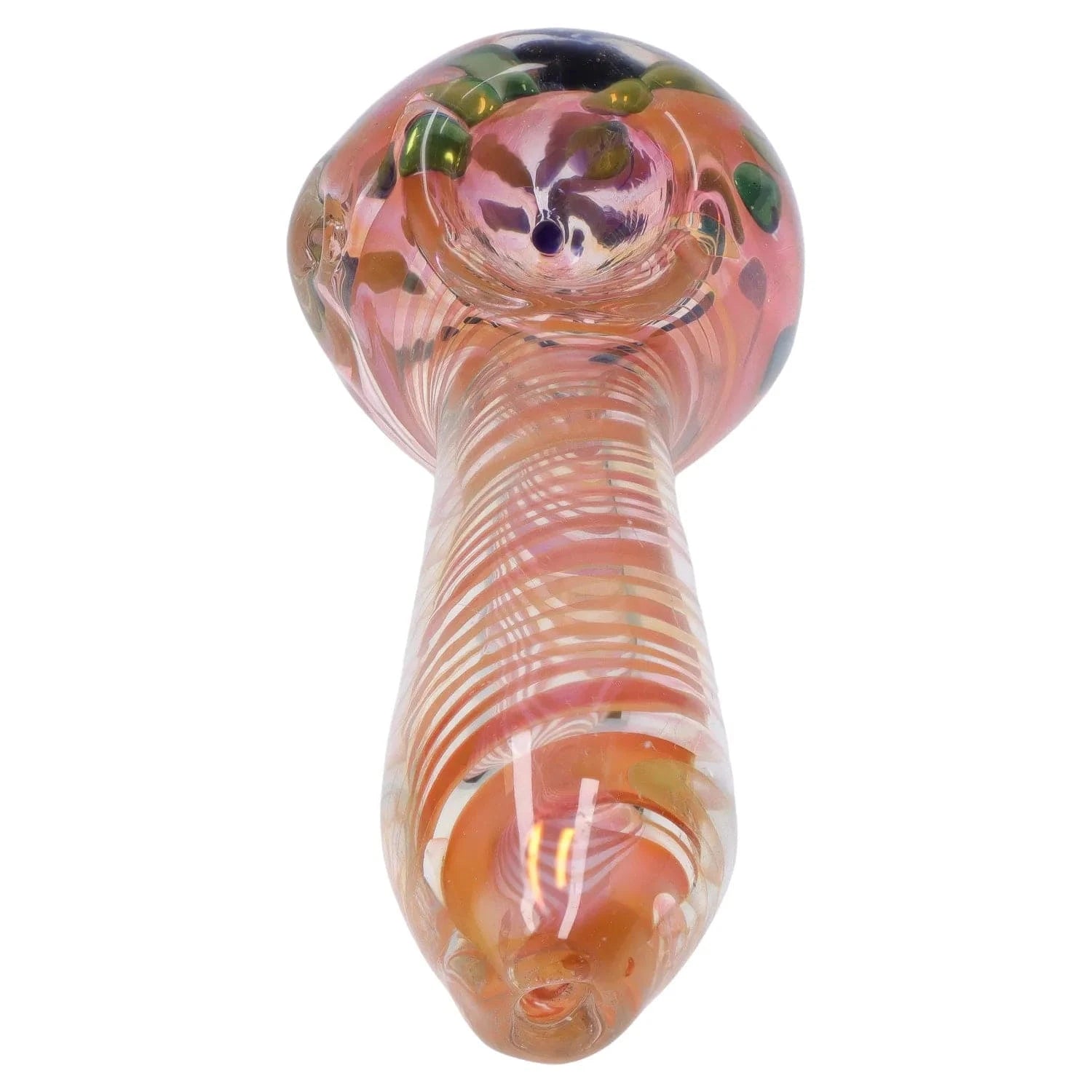 Close-up low-angle view of the 3-inch Class Colorful Fumed Hand Pipe showing its pink-orange fumed glass with spiral white lines and green fleck accents.