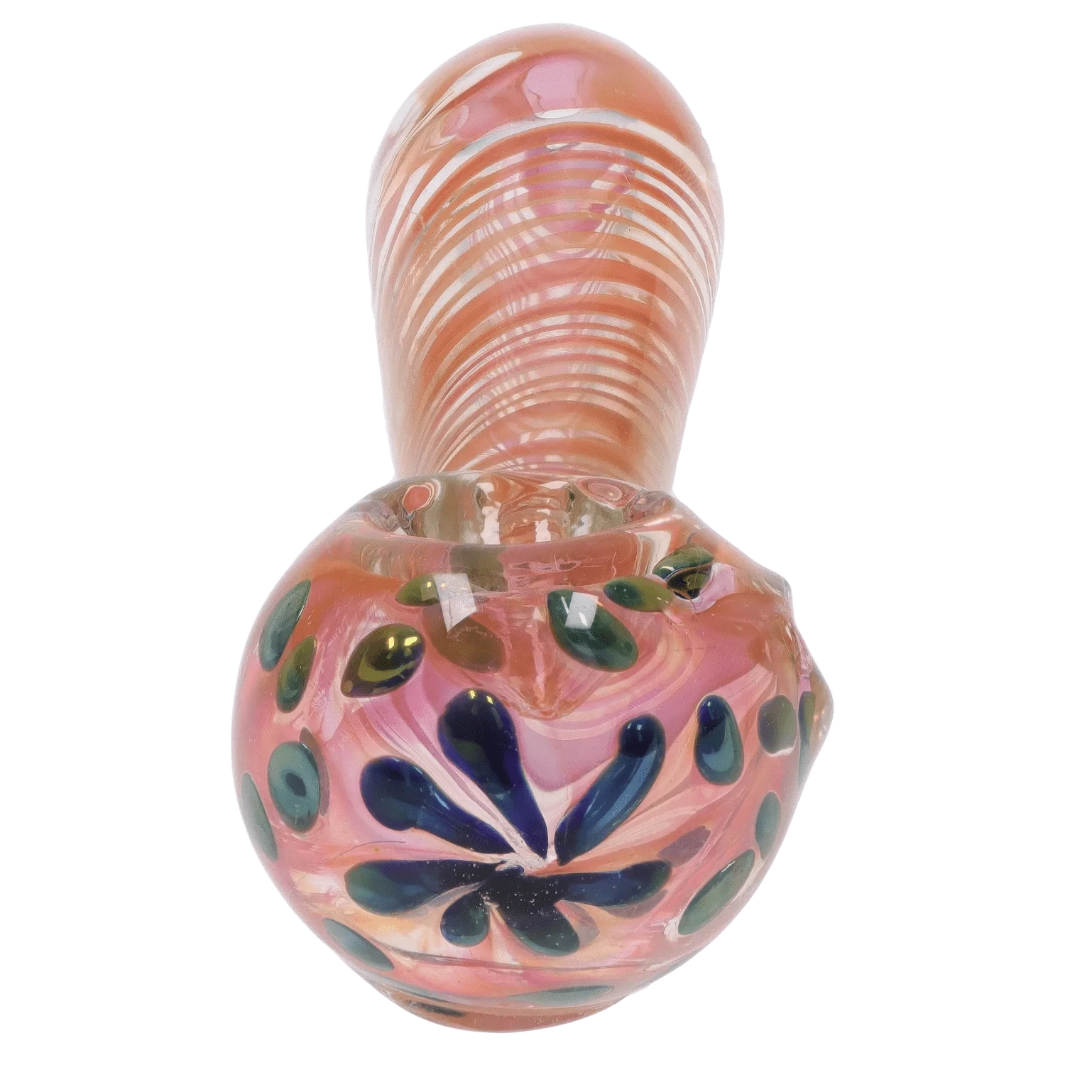 Top-down close-up of the 3-inch Class Colorful Fumed Hand Pipe showing pink fumed glass with spiral ridges and blue-green dots.