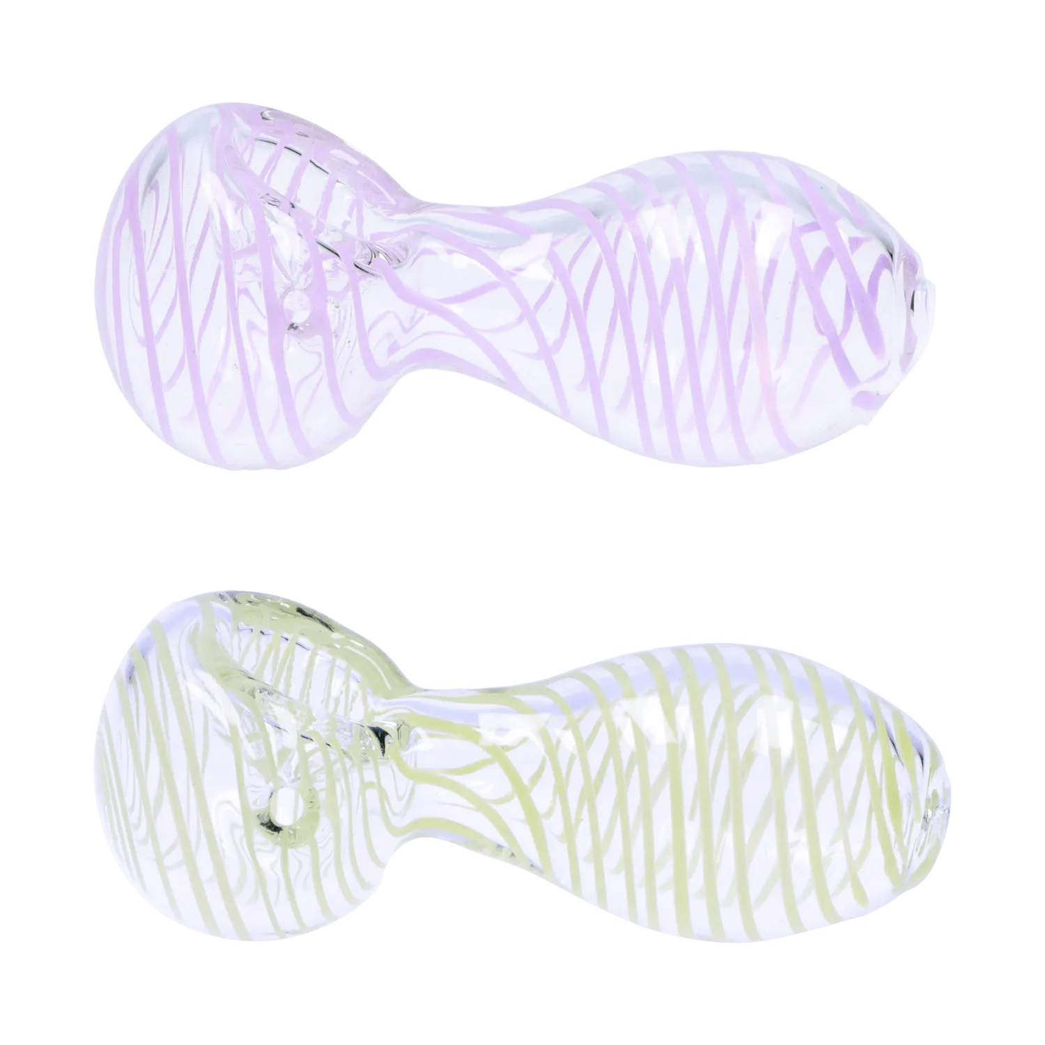 Top-down view of the DHC 3-inch Glass Loose Swirl Hand Pipe showing two clear glass spoon shapes with pale purple swirl lines and soft reflections.