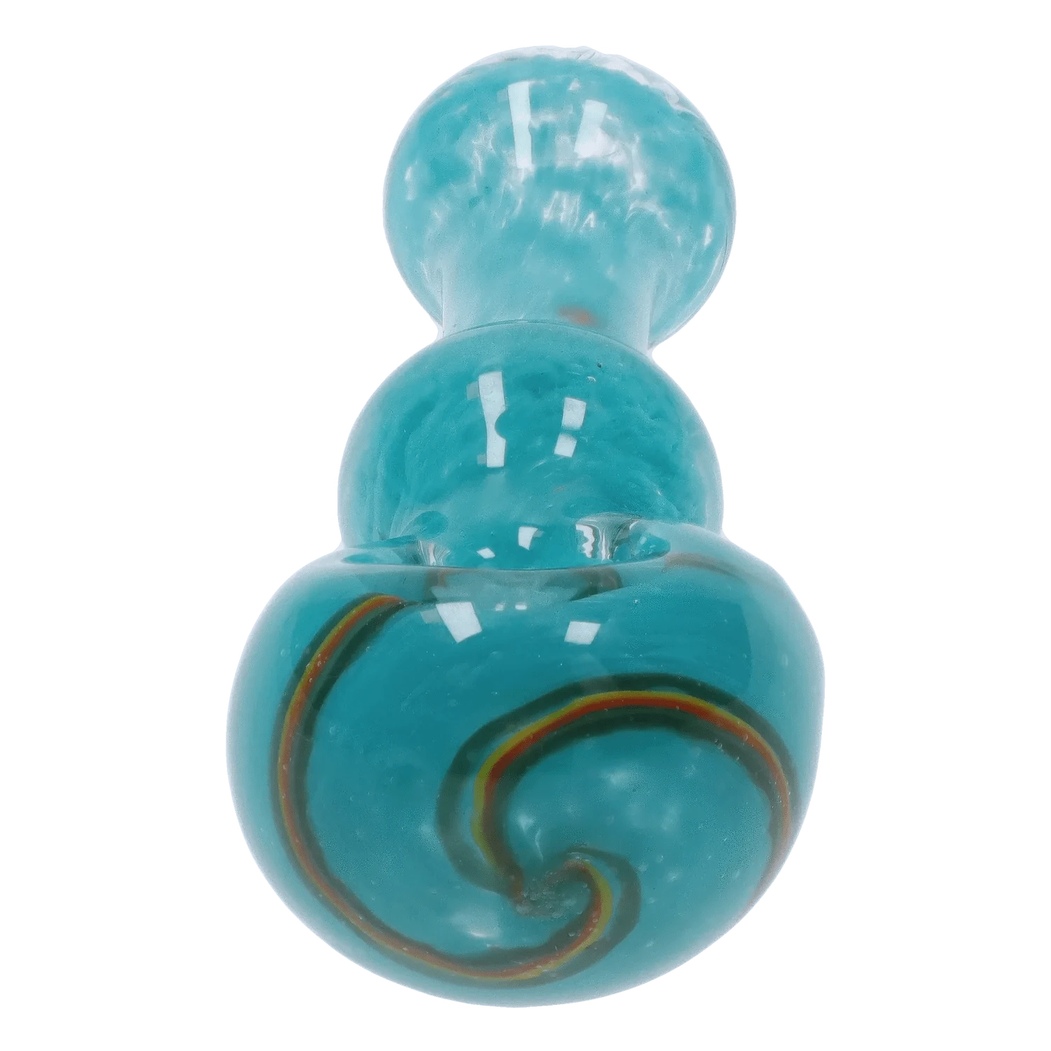 Top-down close-up of the 3-inch Glass w/ Bubble Middle Hand Pipe showing its glossy turquoise glass and a spiral stripe through the bowl.