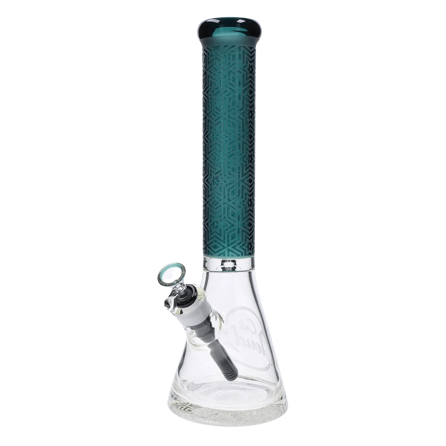 Front-facing view of the Cloud Cali X 15-inch Engraved Thick Base Beaker Bong showing its tall teal engraved neck and clear glass beaker base with attached downstem.