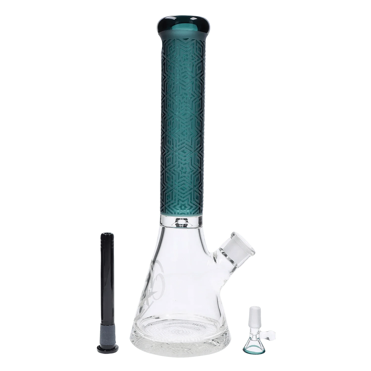Centered front view of the Cloud Cali X 15-inch Engraved Thick Base Beaker Bong showing its teal patterned neck, clear glass base, and included accessories.