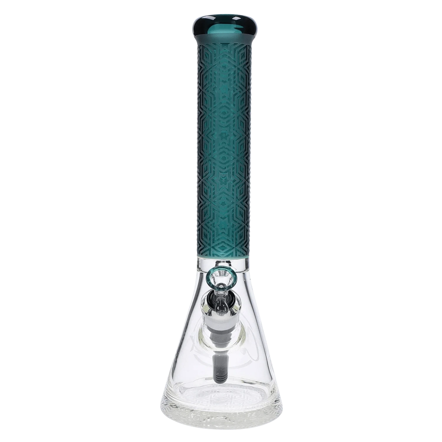 Centered front view of the Cloud Cali X 15-inch Engraved Thick Base Beaker Bong showing its teal engraved neck and clear glass beaker base.