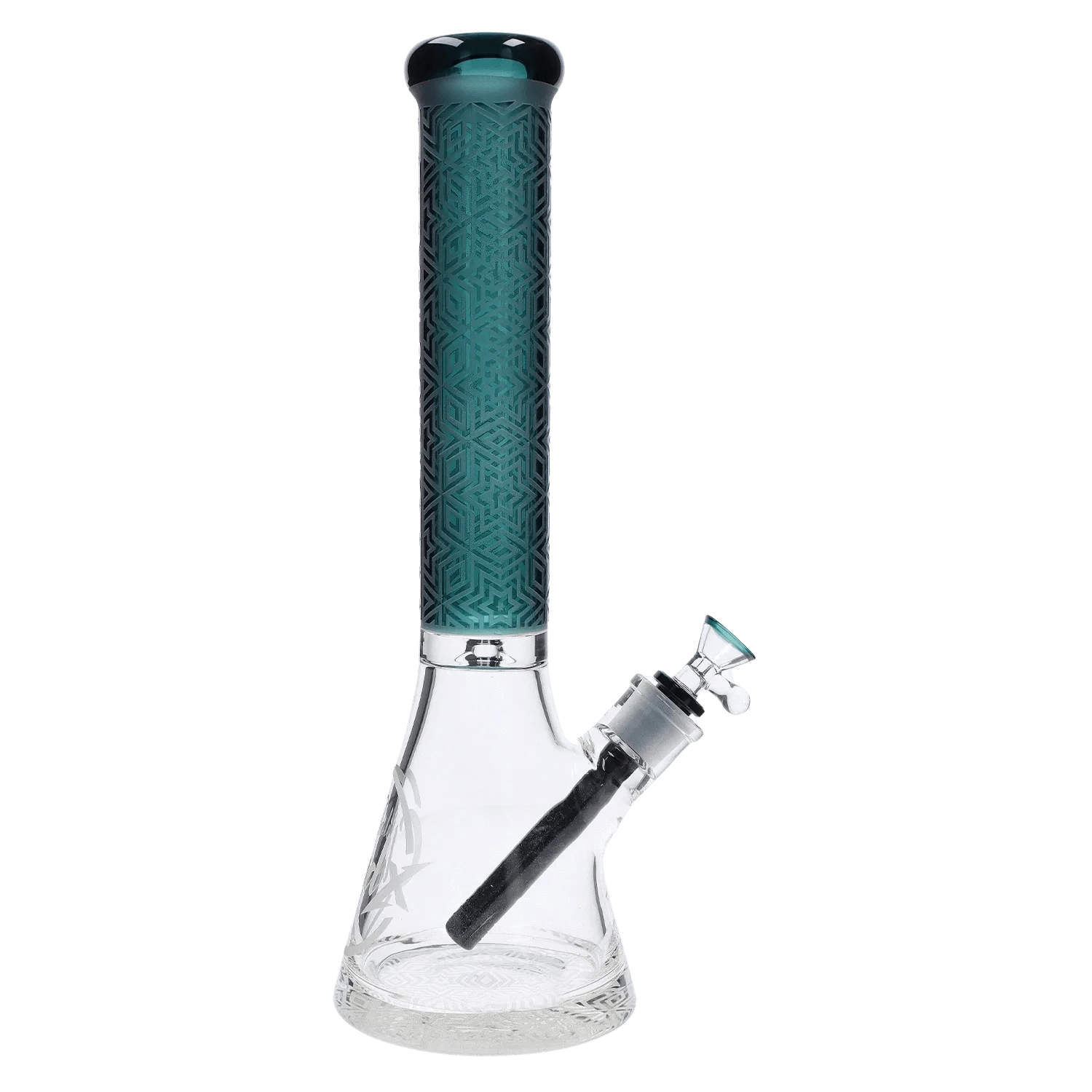 Portrait view of the Cloud Cali X 15-inch Engraved Thick Base Beaker Bong showing its tall teal patterned neck and angled clear glass beaker base.