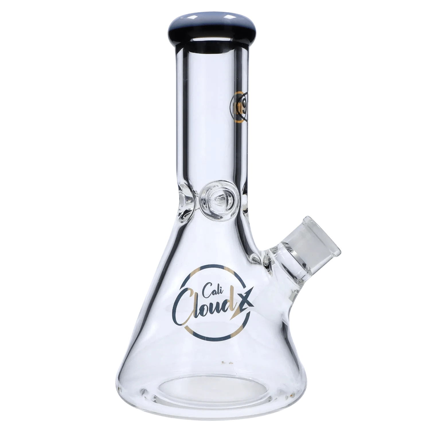 Angled front view of the 7mm 12-inch Colored Mouthpiece Beaker showing its clear glass beaker body, black rimmed mouthpiece, and side joint.