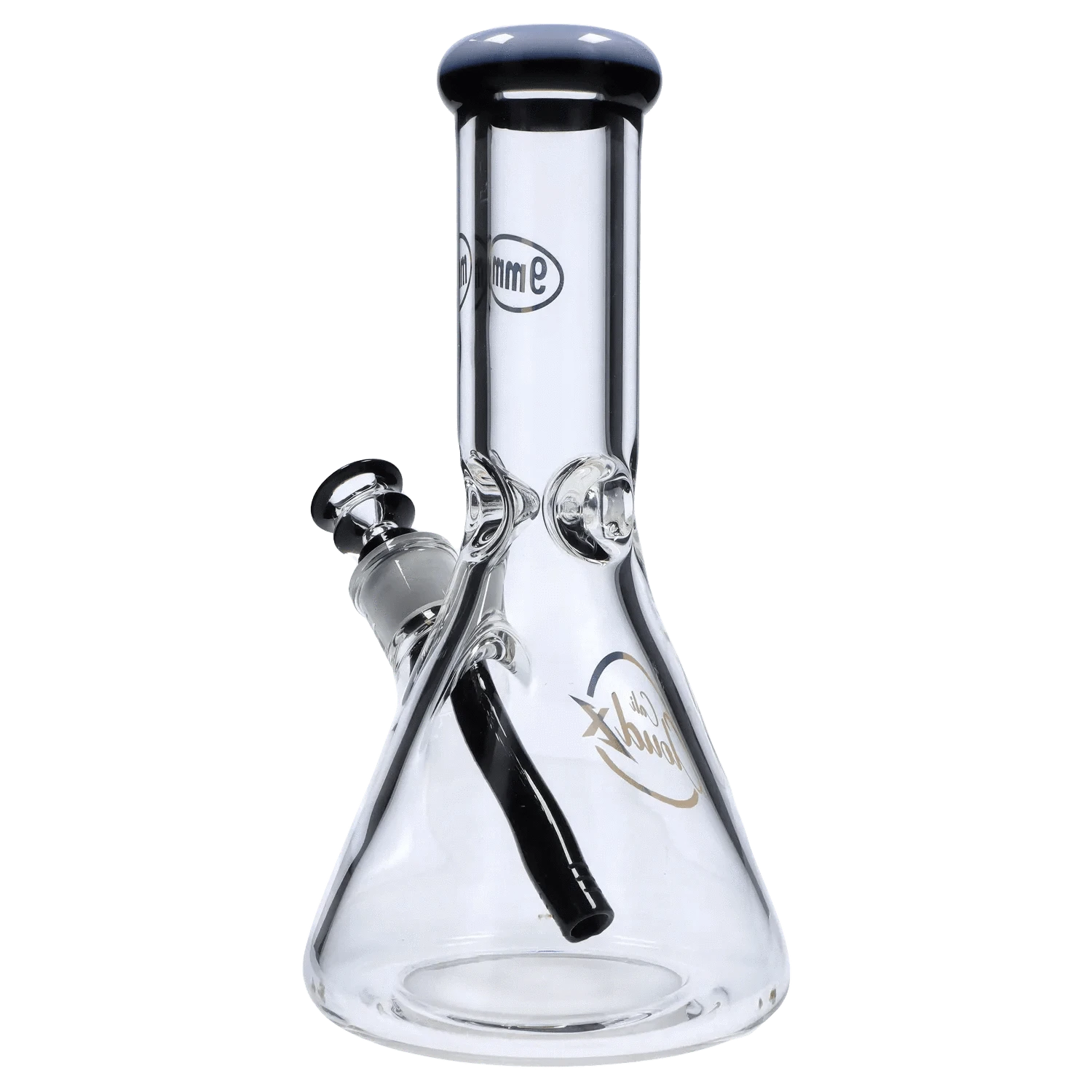 Front view of the 7mm 12-inch Colored Mouthpiece Beaker showing a clear glass beaker body with a black inner downstem and matching black-rimmed mouthpiece.