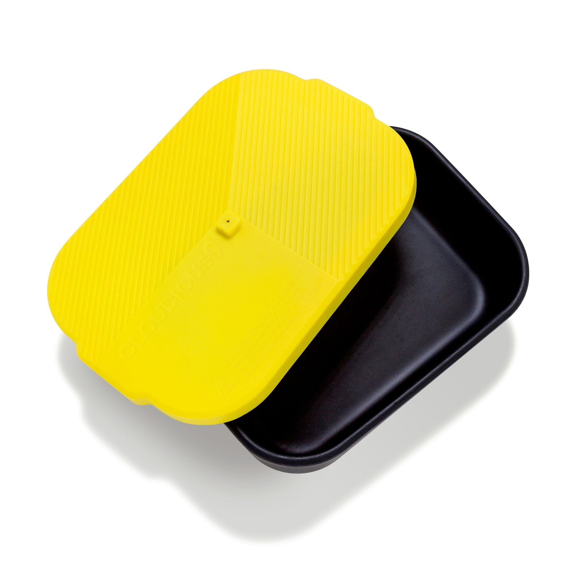 Overhead view of the Decarb9 Herbal Decarboxylator Kit, showing the black base with the bright yellow lid slightly ajar.