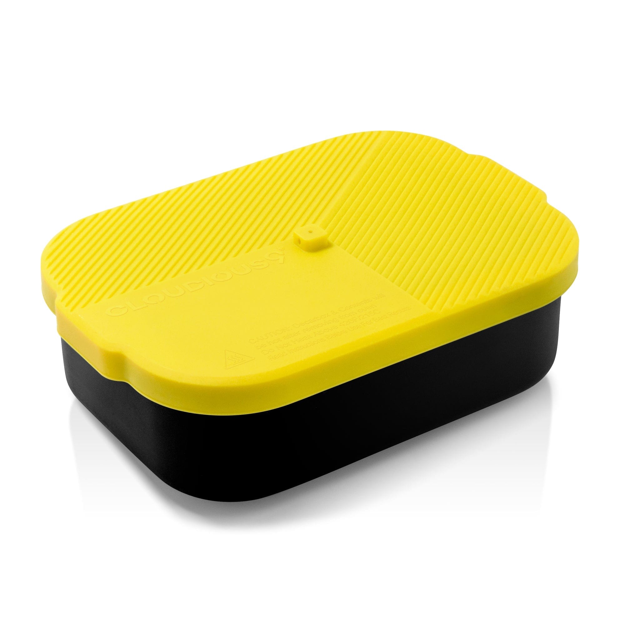 A three-quarter view of the Decarb9 Herbal Decarboxylator Kit, showing its black container and textured yellow lid reflecting studio lighting.