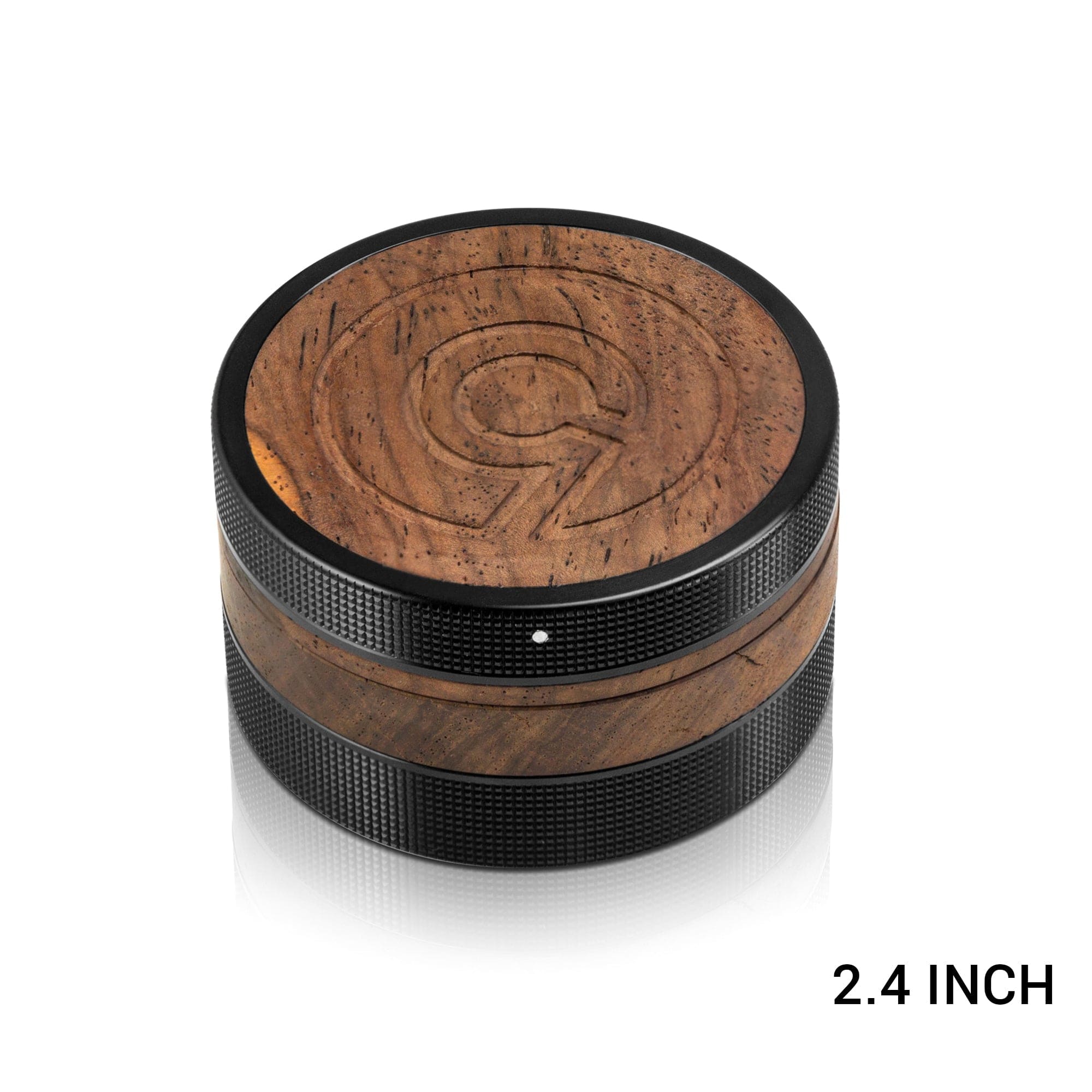 Front view of the SEQUOIA9 All Natural Wood to Herb Grinder, showing a cylindrical, multi-tiered design with a dark wood grain finish.