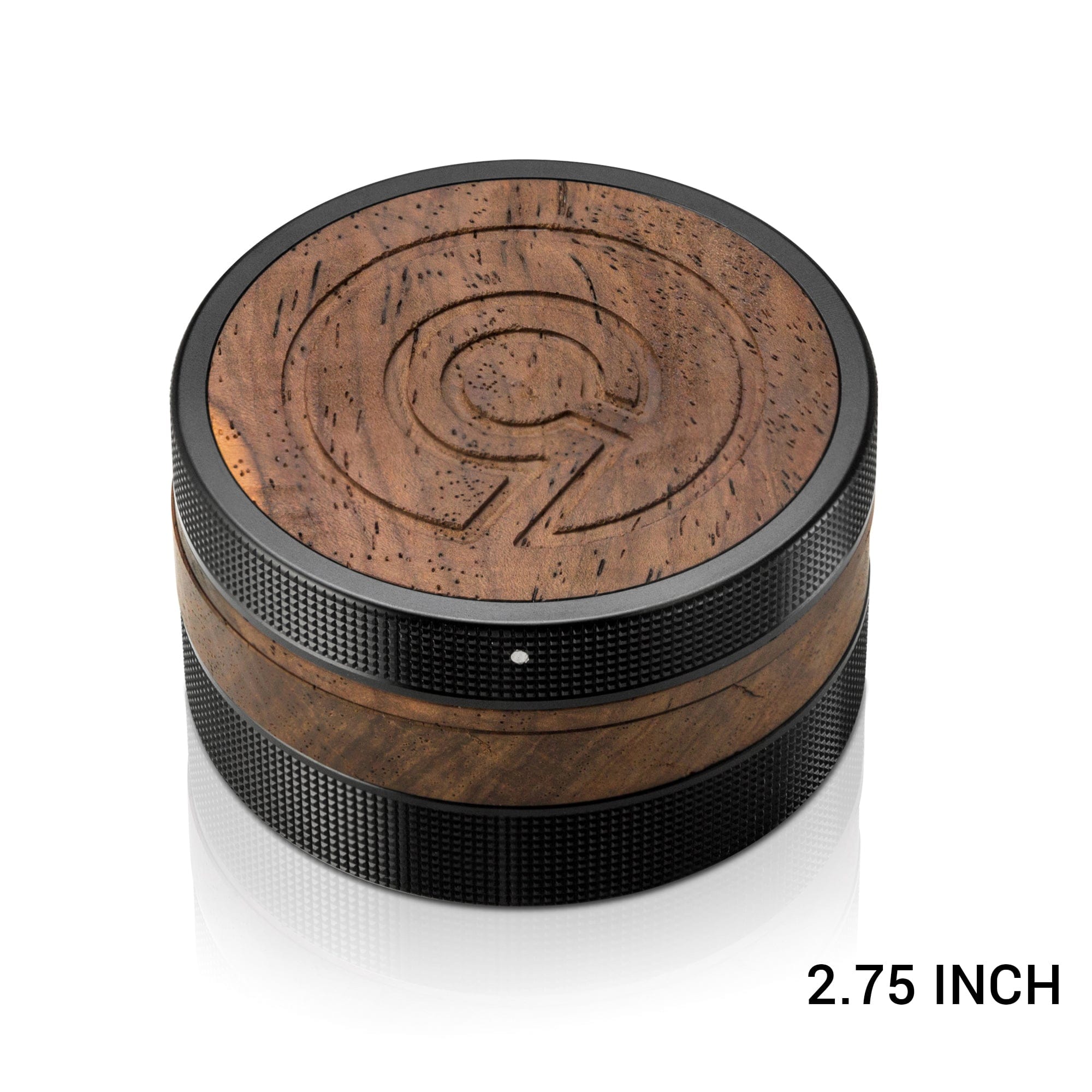 Front view of the SEQUOIA9 All Natural Wood to Herb Grinder, showcasing its circular wood grain design and metallic base.