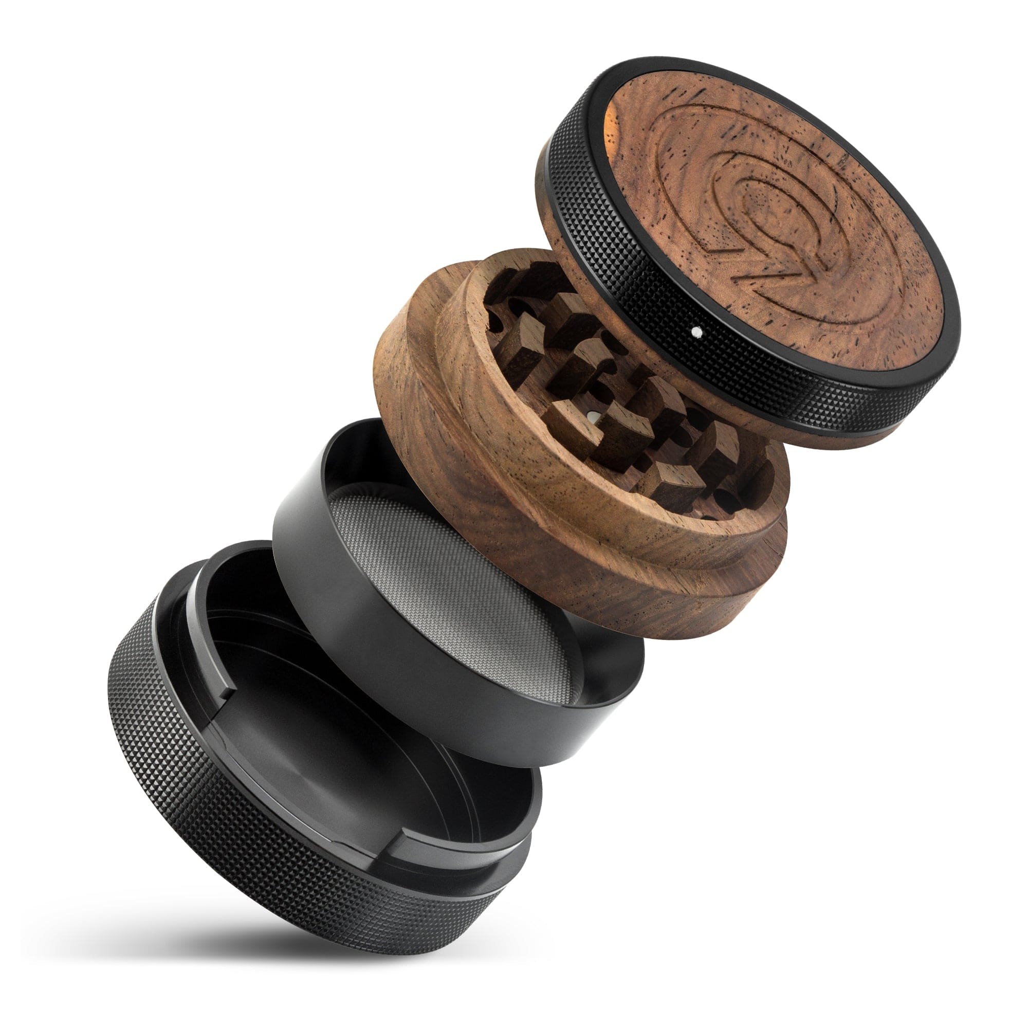 A diagonally angled view of the SEQUOIA9 All Natural Wood to Herb Grinder, showcasing its stacked, dark and light wood components.
