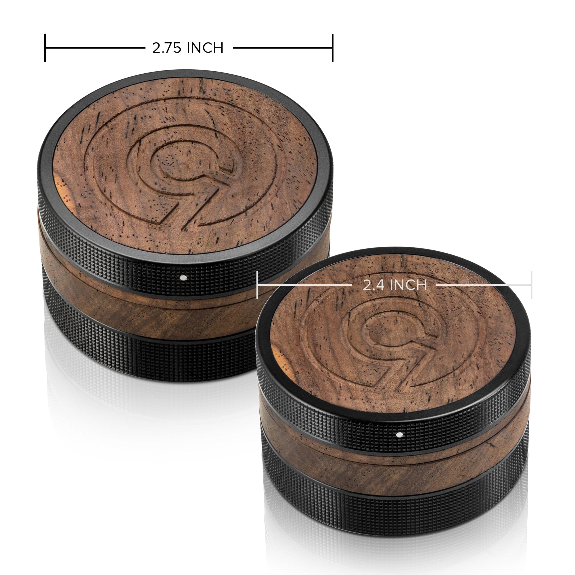 Front view of the SEQUOIA9 All Natural Wood to Herb Grinder, showcasing its dark wood grain and cylindrical shape on a reflective surface.