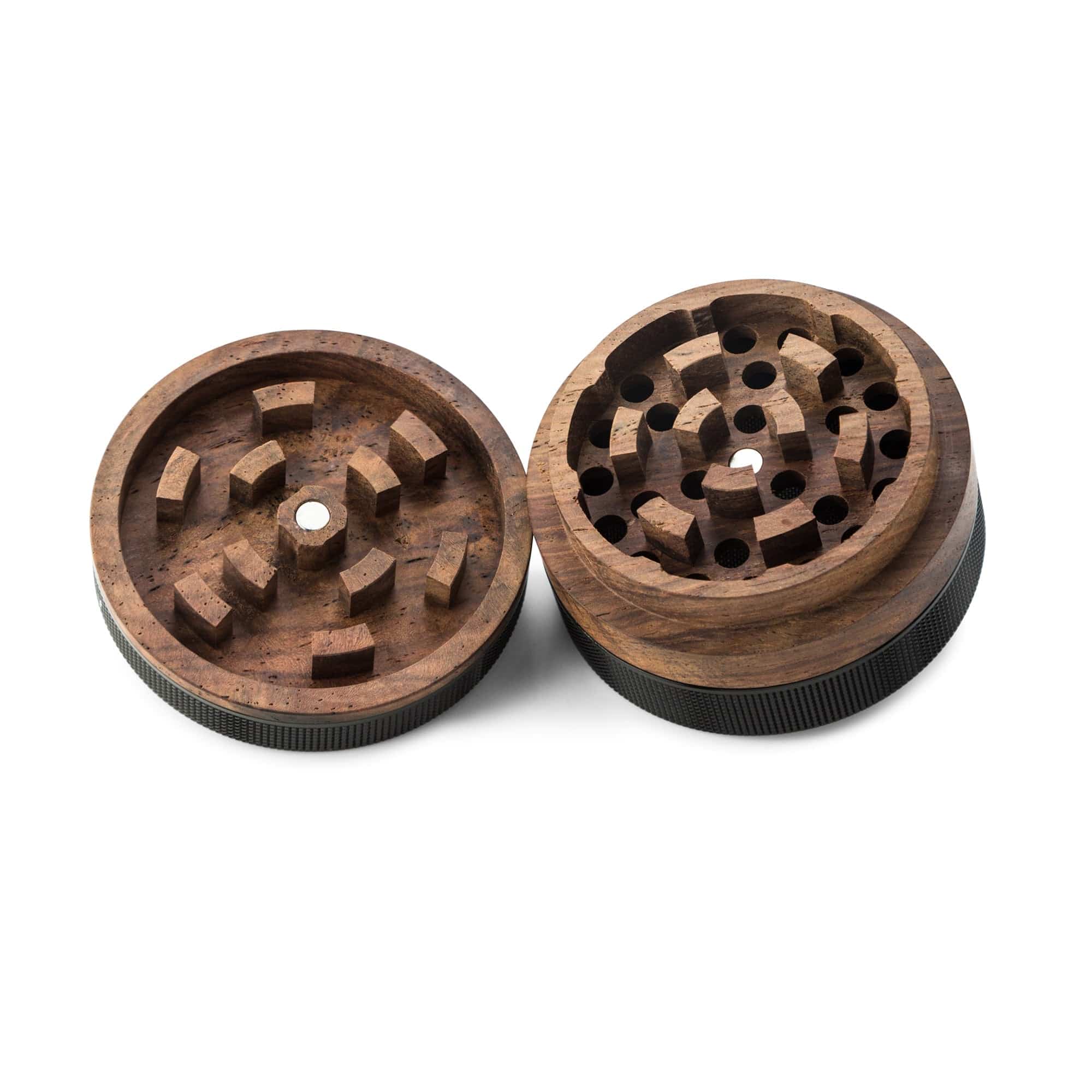 A top-down view of the disassembled SEQUOIA9 All Natural Wood to Herb Grinder, showing the two wooden halves with visible grinding teeth.
