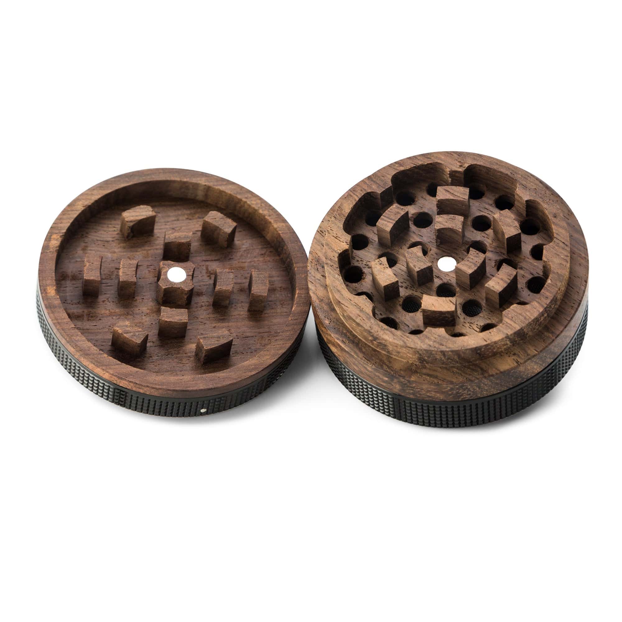 A top-down view of the SEQUOIA9 All Natural Wood to Herb Grinder, showing its two wooden halves and internal grinding teeth.