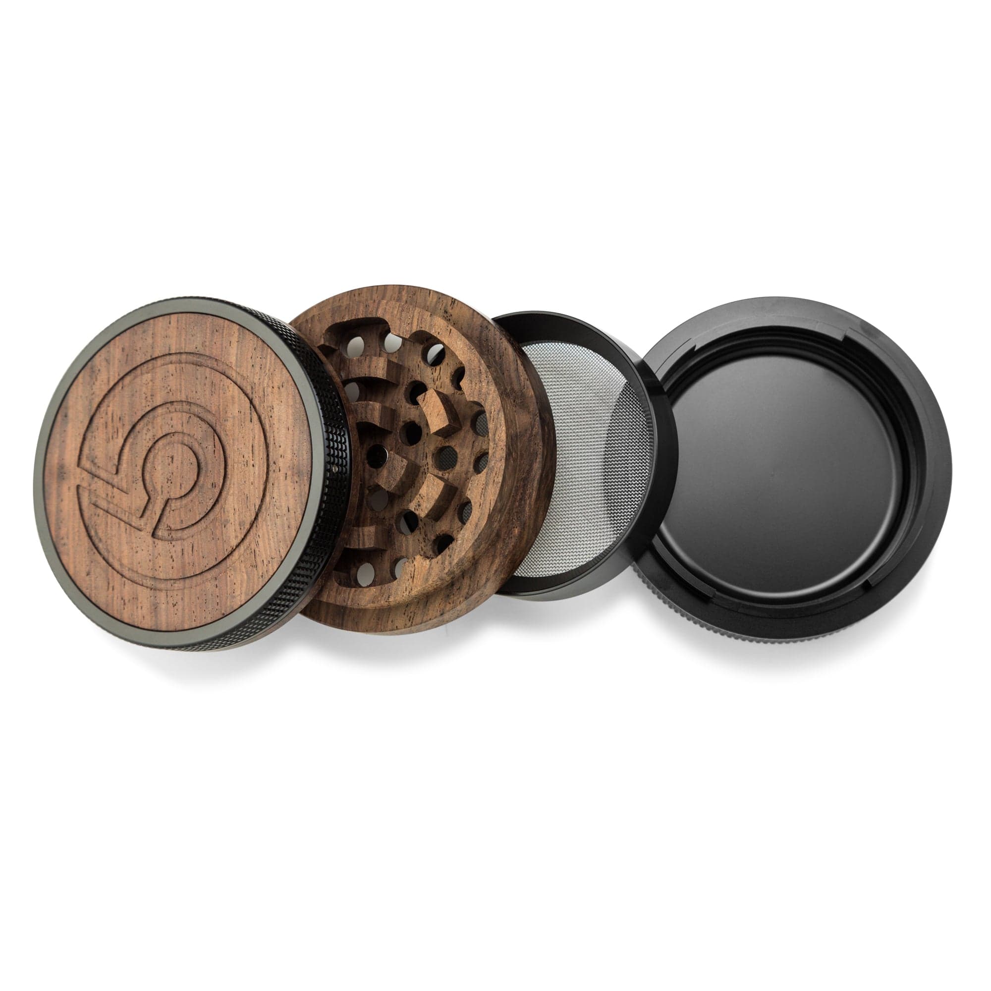 A disassembled SEQUOIA9 All Natural Wood to Herb Grinder shown from above, revealing its multi-tiered components on a neutral background.