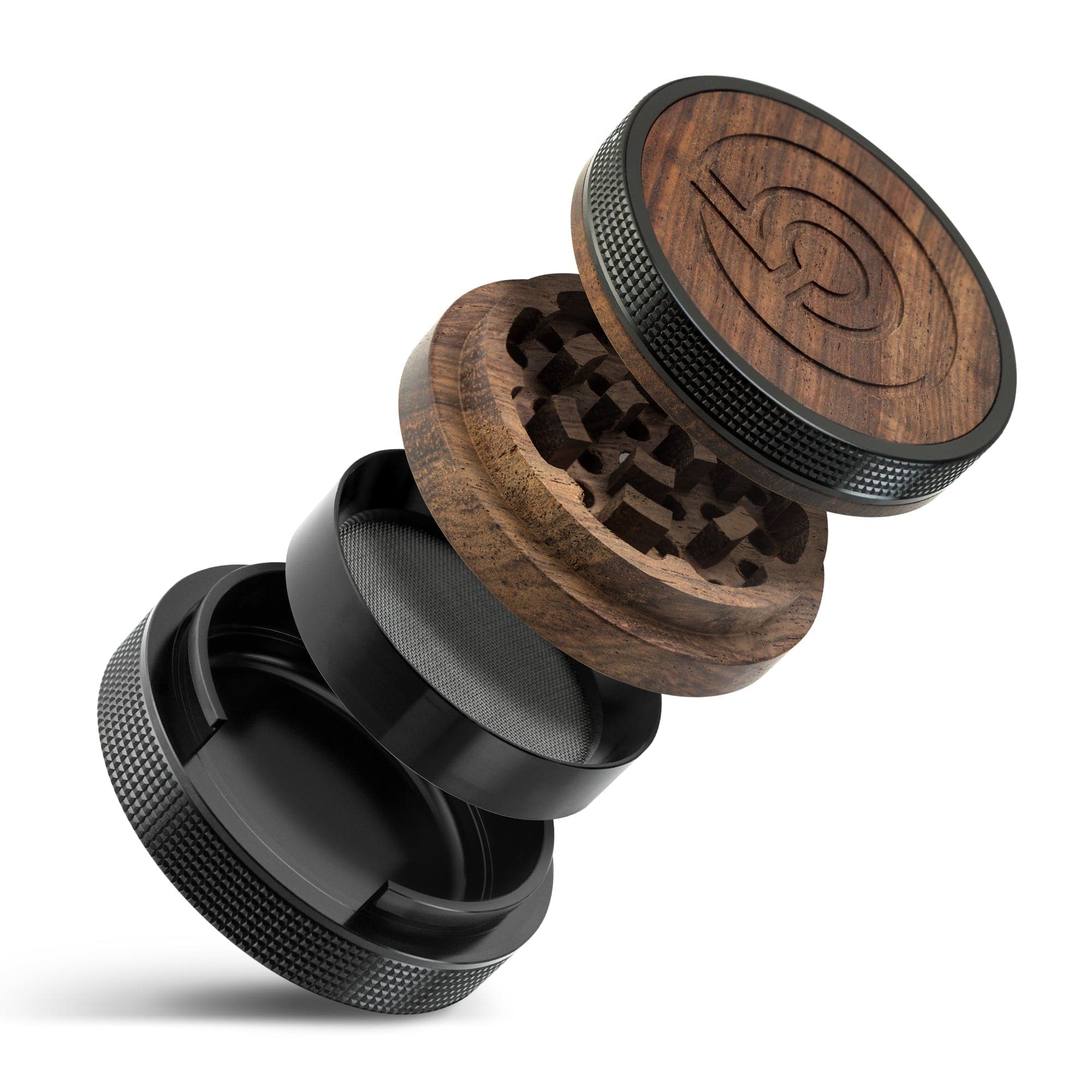 A disassembled view of the SEQUOIA9 All Natural Wood to Herb Grinder, showing its multi-tiered, dark wood and metal construction.