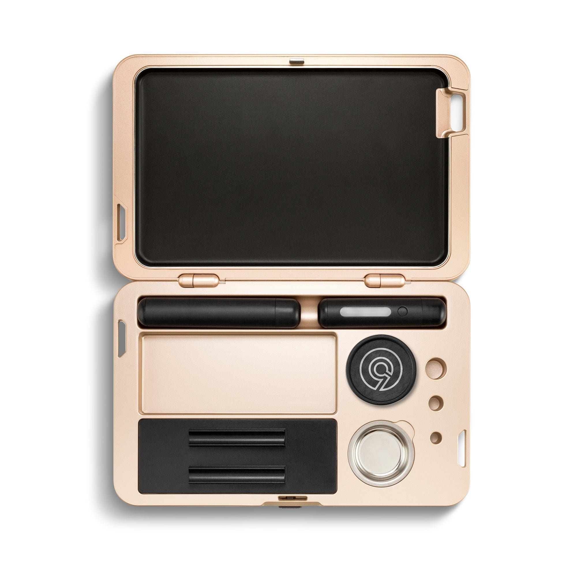 Top-down view of the closed M.L.T.9 Portable Rolling Tray Survival Kit, showcasing its metallic finish and compact rectangular shape.