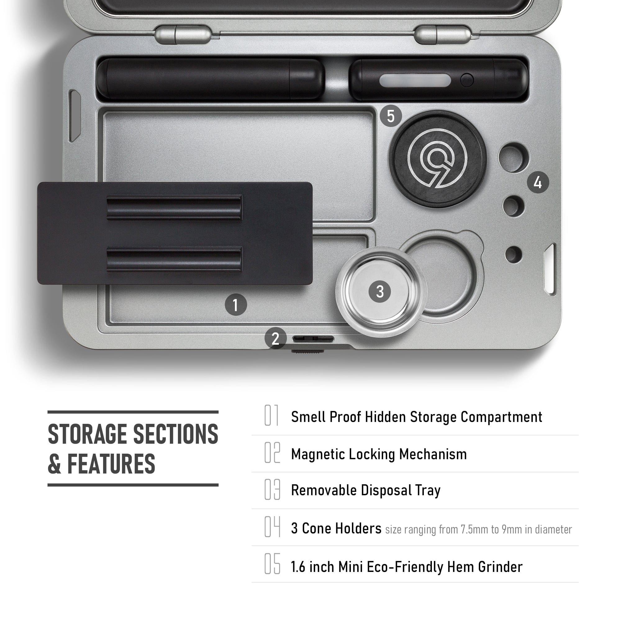 Front view of the M.L.T.9 Portable Rolling Tray Survival Kit, showing its closed, dark-colored, rectangular design with circular details.