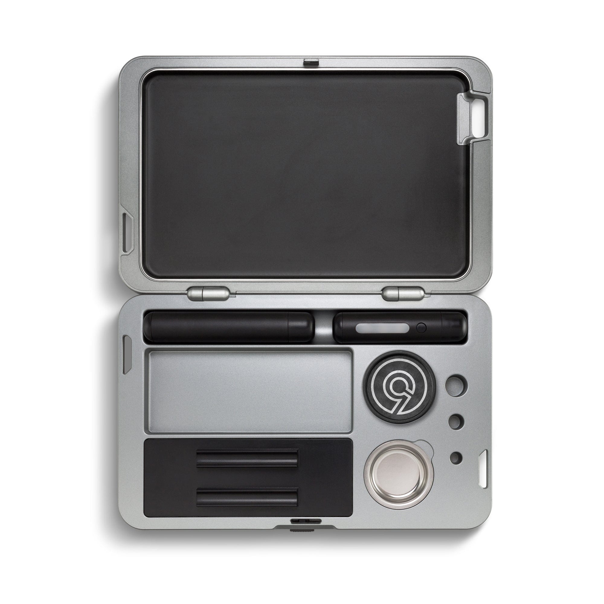 Top-down view of the M.L.T.9 Portable Rolling Tray Survival Kit, a closed, silver-toned rectangular case with circular indentations.