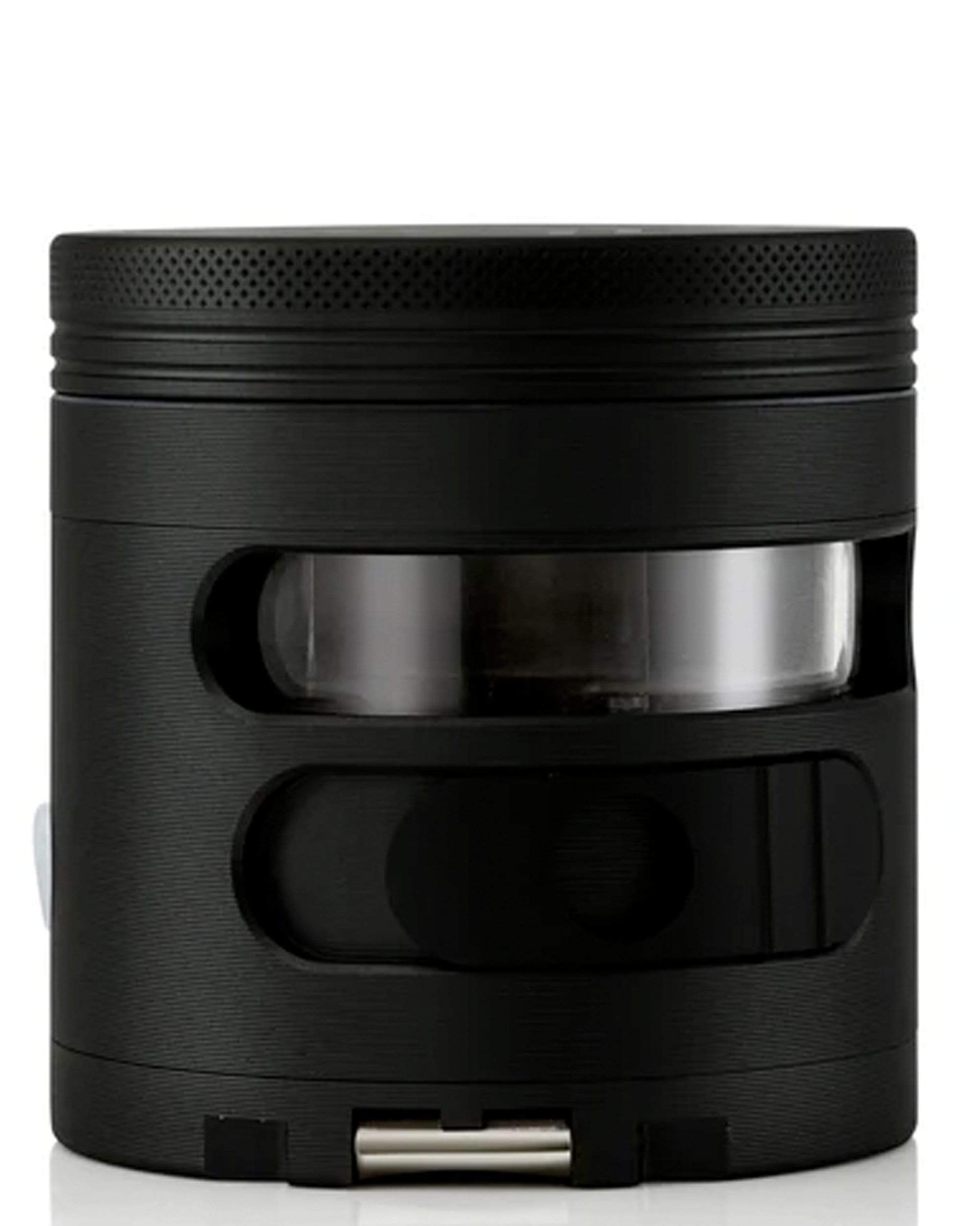Close-up front view of the black Cloudious9 Tectonic9 Auto Dispensing Grinder showing textured grip rings, a perforated top edge, and a clear viewing window.