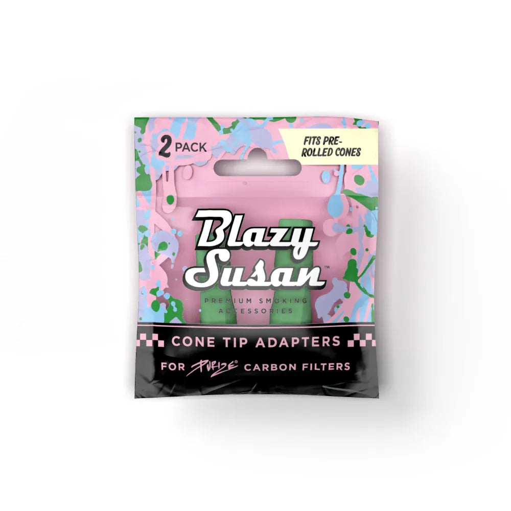 Front-facing shot of a pink display pouch labeled Blazy Susan Purize Cone Tip Adapters with two visible purple adapters behind the clear window.