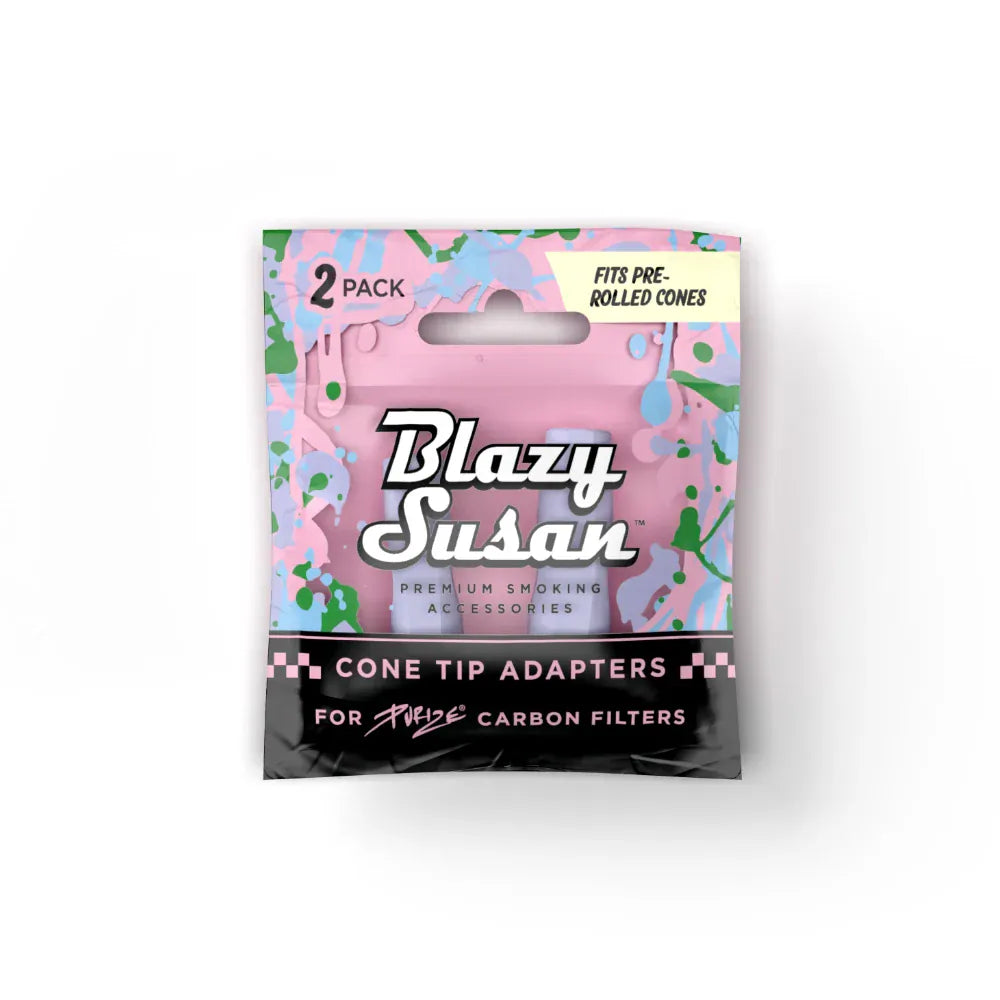Front-facing shot of the pink Blazy Susan Purize Cone Tip Adapters display pouch with colorful splatter graphics and visible product window.