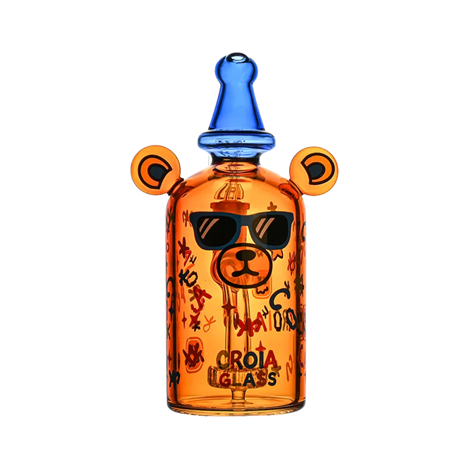 Close-up front view of the orange Croia Glass Cool Teddy Bear Dab Rig with Showerhead Perc showing a bear face with sunglasses, round ears, and a blue mouthpiece.