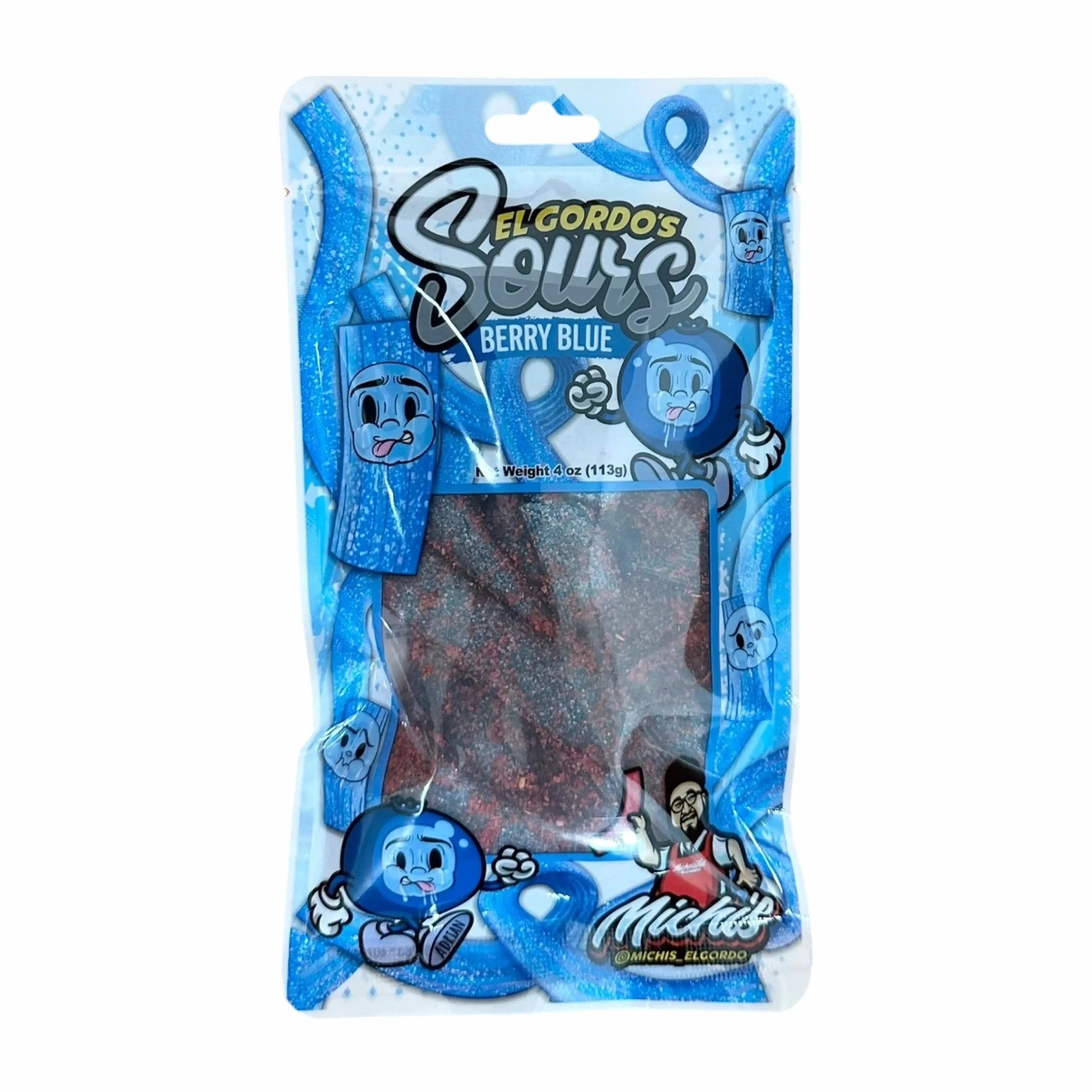 Top-down view of the bright blue El Gordo Berry Blue Chamoy Sours - 4 oz. pouch showing cartoon blue characters and a clear window.