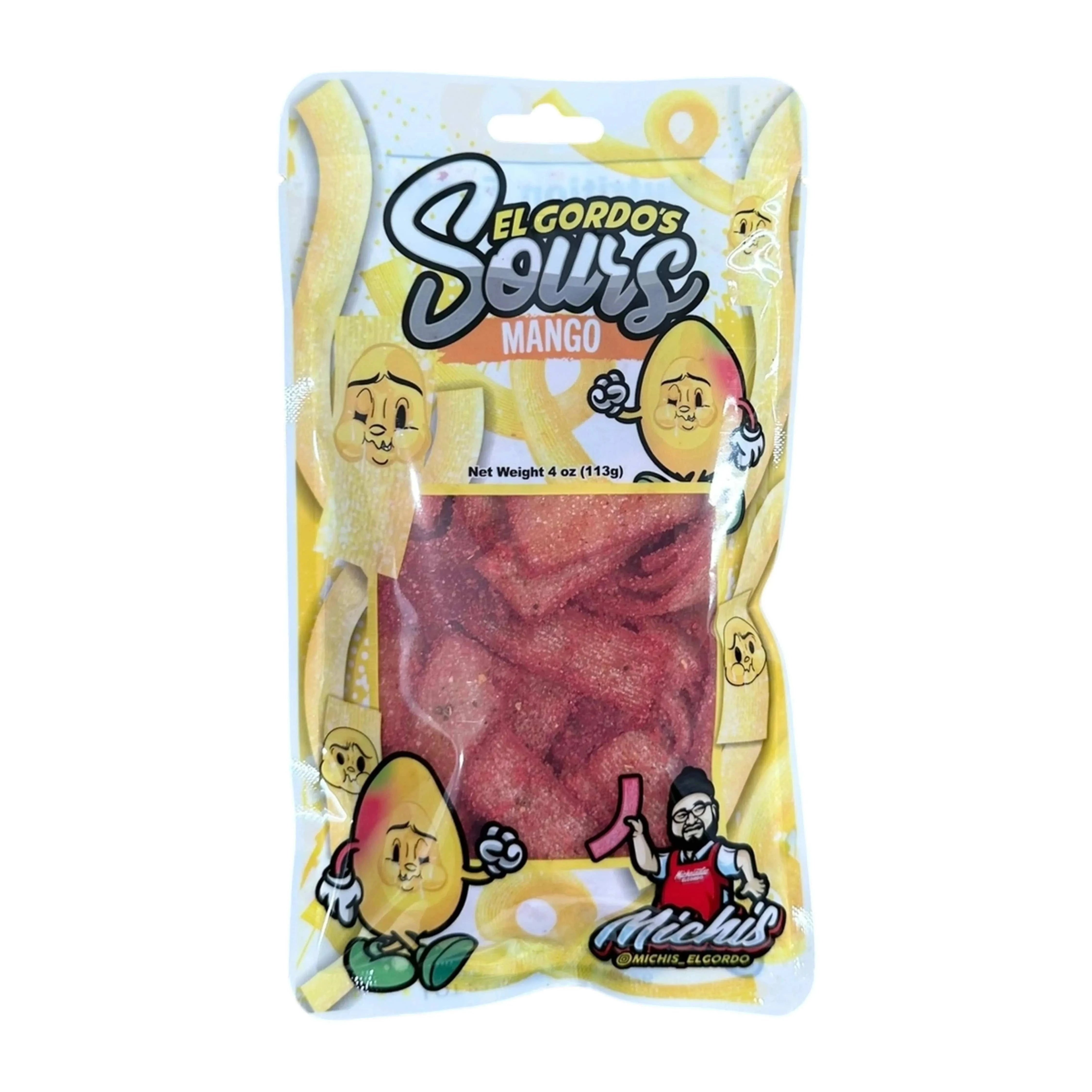 Top-closeup of the yellow and red pouch packaging labeled El Gordo Mango Chamoy Sours - 4 oz., showing cartoon mango characters and a clear window.