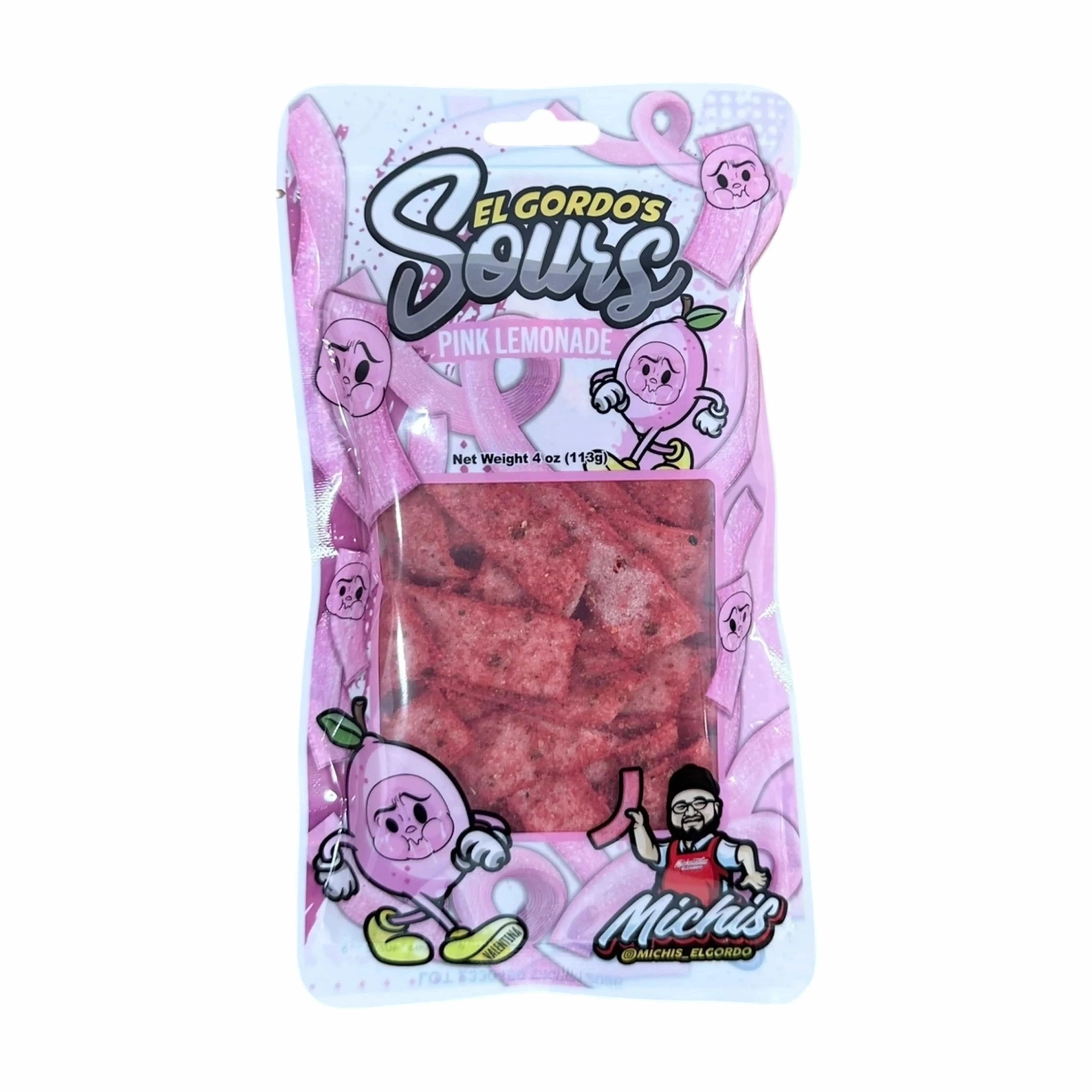 Top-closeup of the pink packaged El Gordo Pink Lemonade Chamoy Sours showing the candy window and playful cartoon characters.