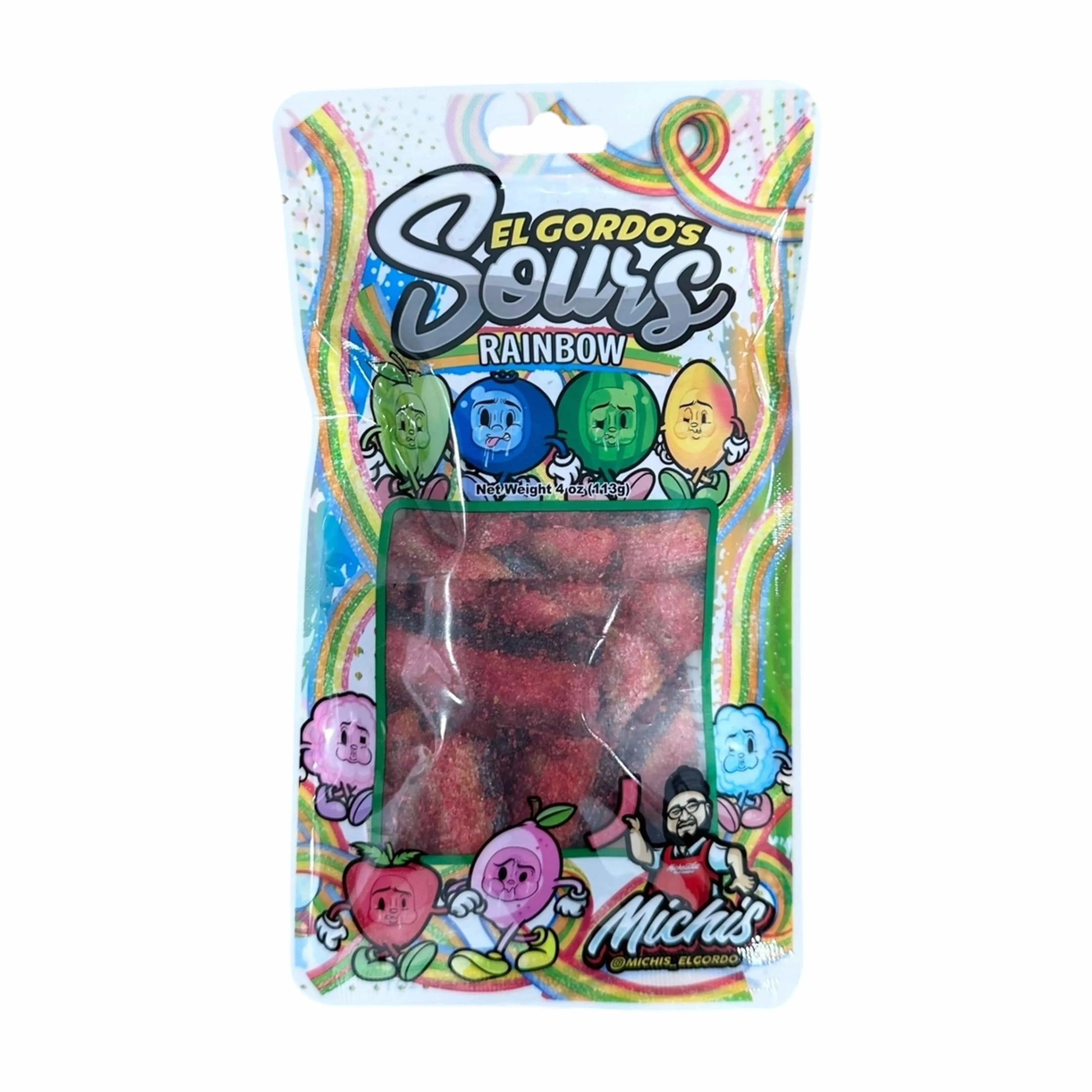 Top-close view of the colorful packaging art on El Gordo Rainbow Chamoy Sours- 4 oz., showing cartoon fruit characters and rainbows.