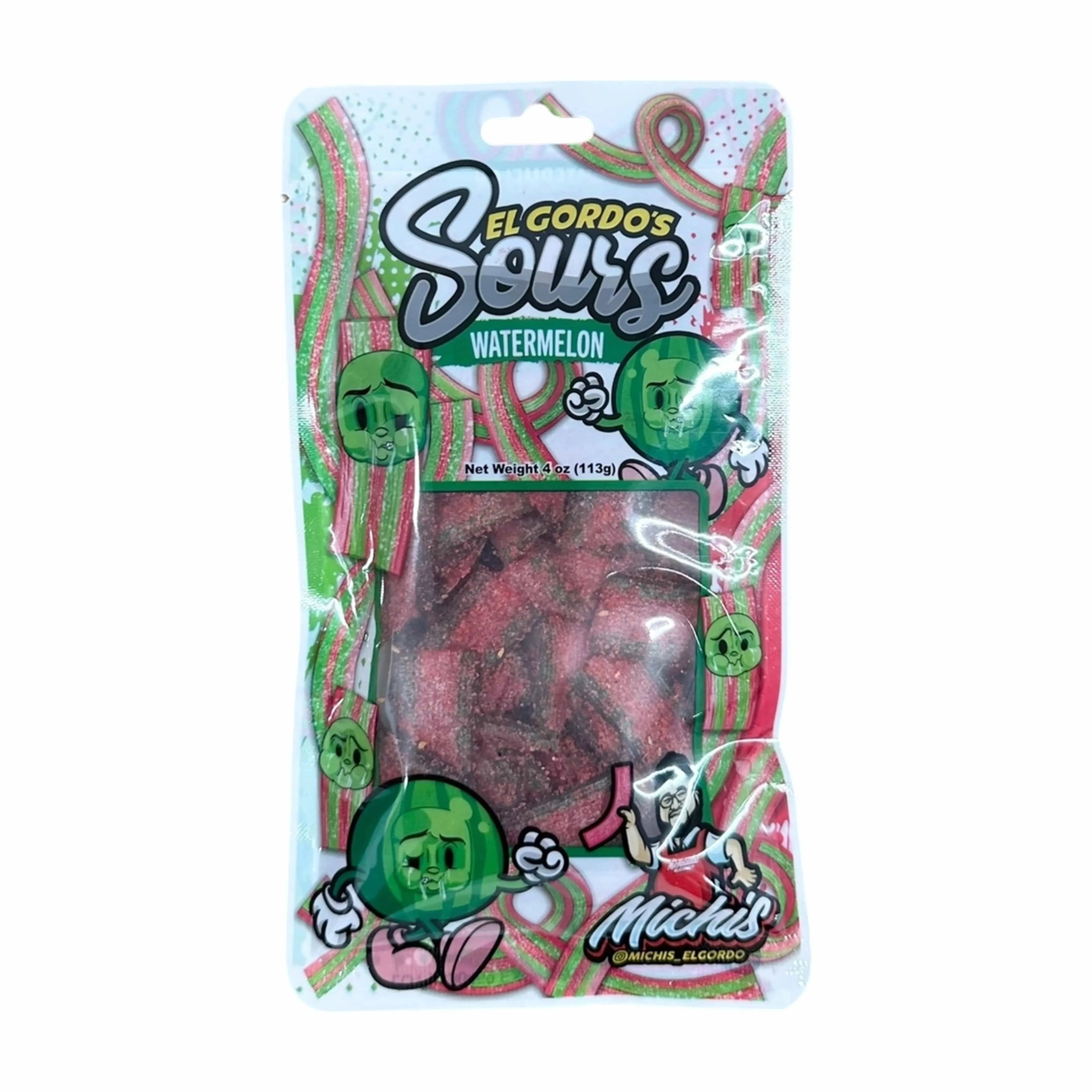Top-down view of a colorful pouch of El Gordo Watermelon Chamoy Sours - 4 oz. showing green and pink striped sour belts and cartoon watermelon mascots.