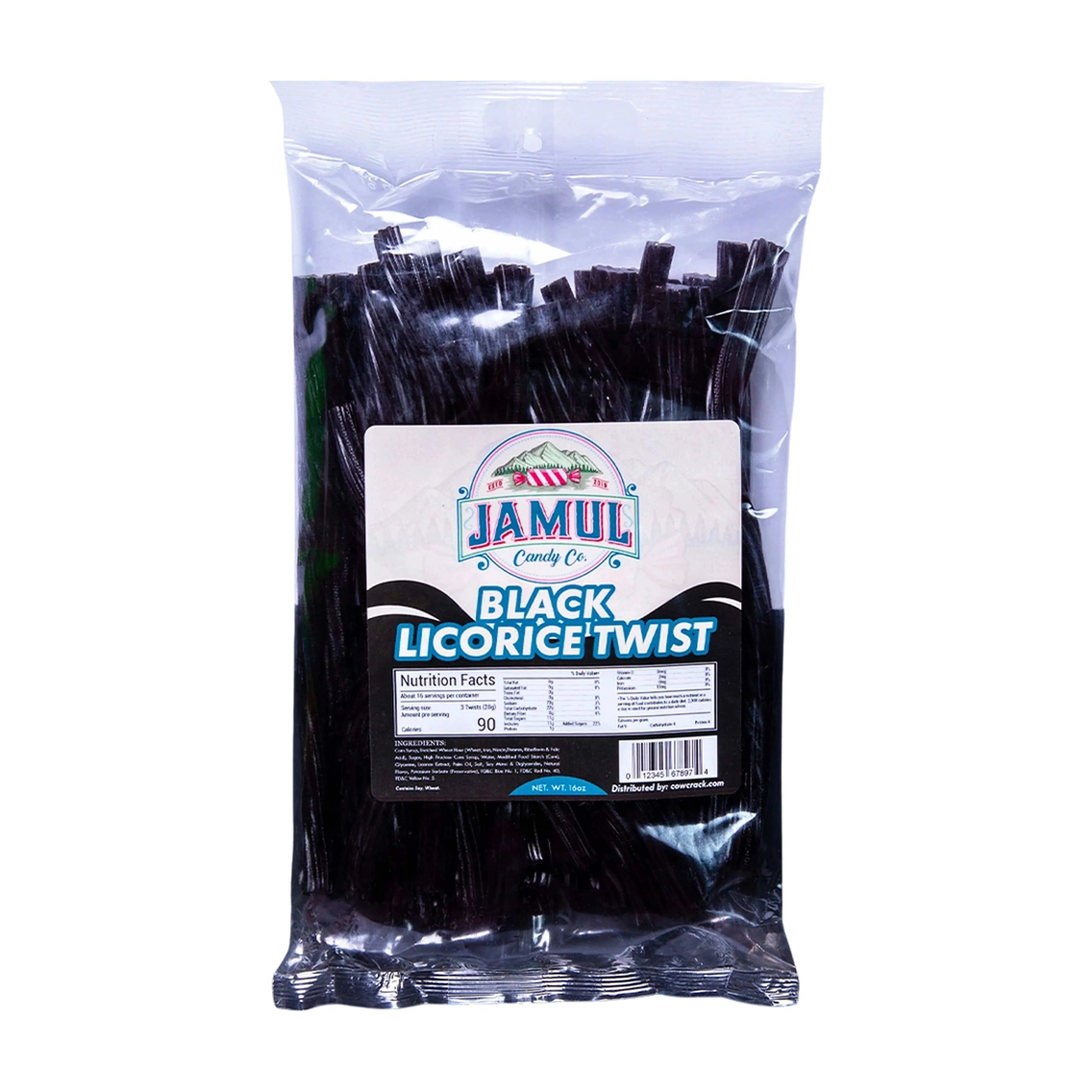 Front view of a clear bag filled with dark twists showing the Jamul Candy Co. Black Licorice - 16 oz. label and nutrition panel.