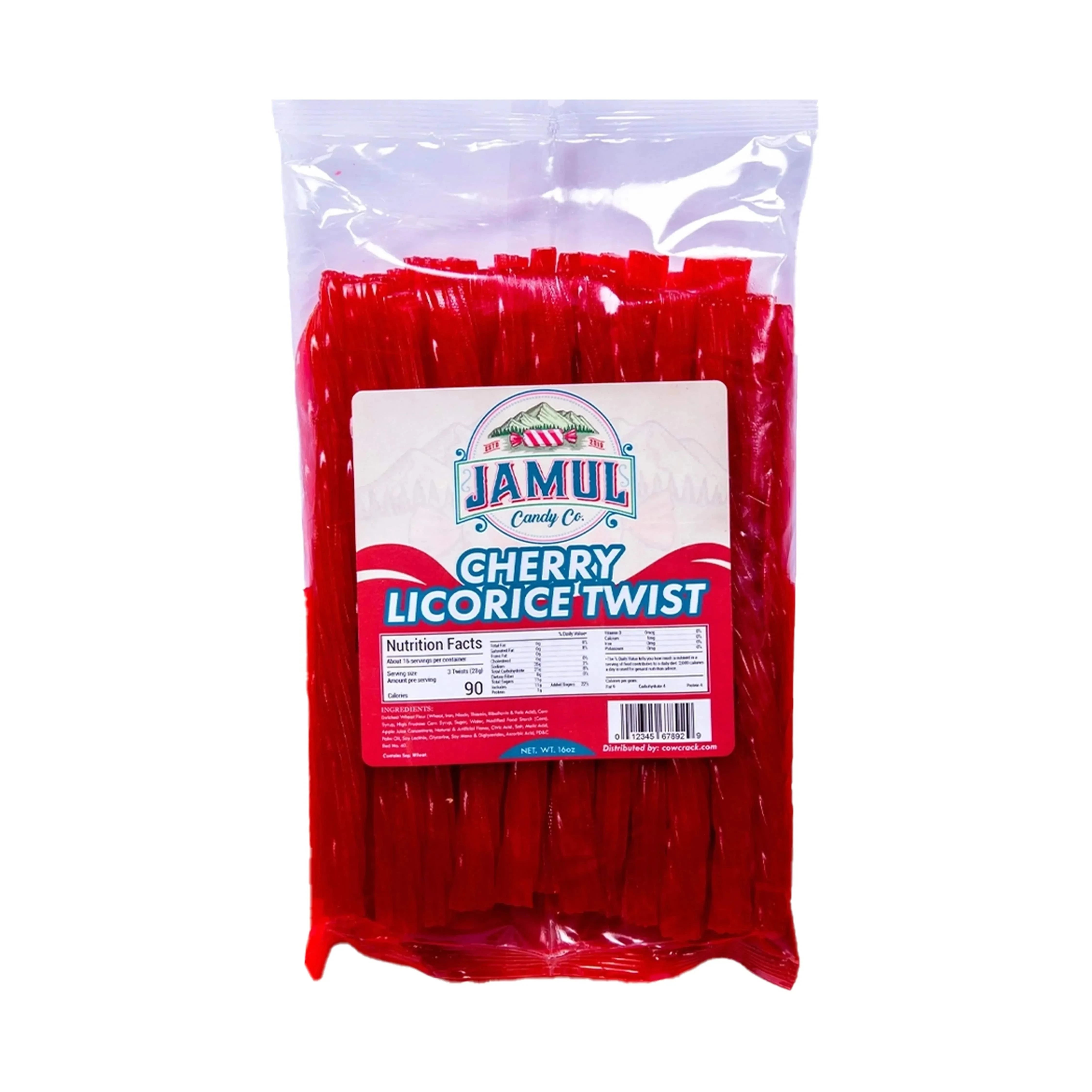 Close-up, front view of a clear bag showing bright red twists and the Jamul Candy Co. Cherry Licorice - 16 oz. label.
