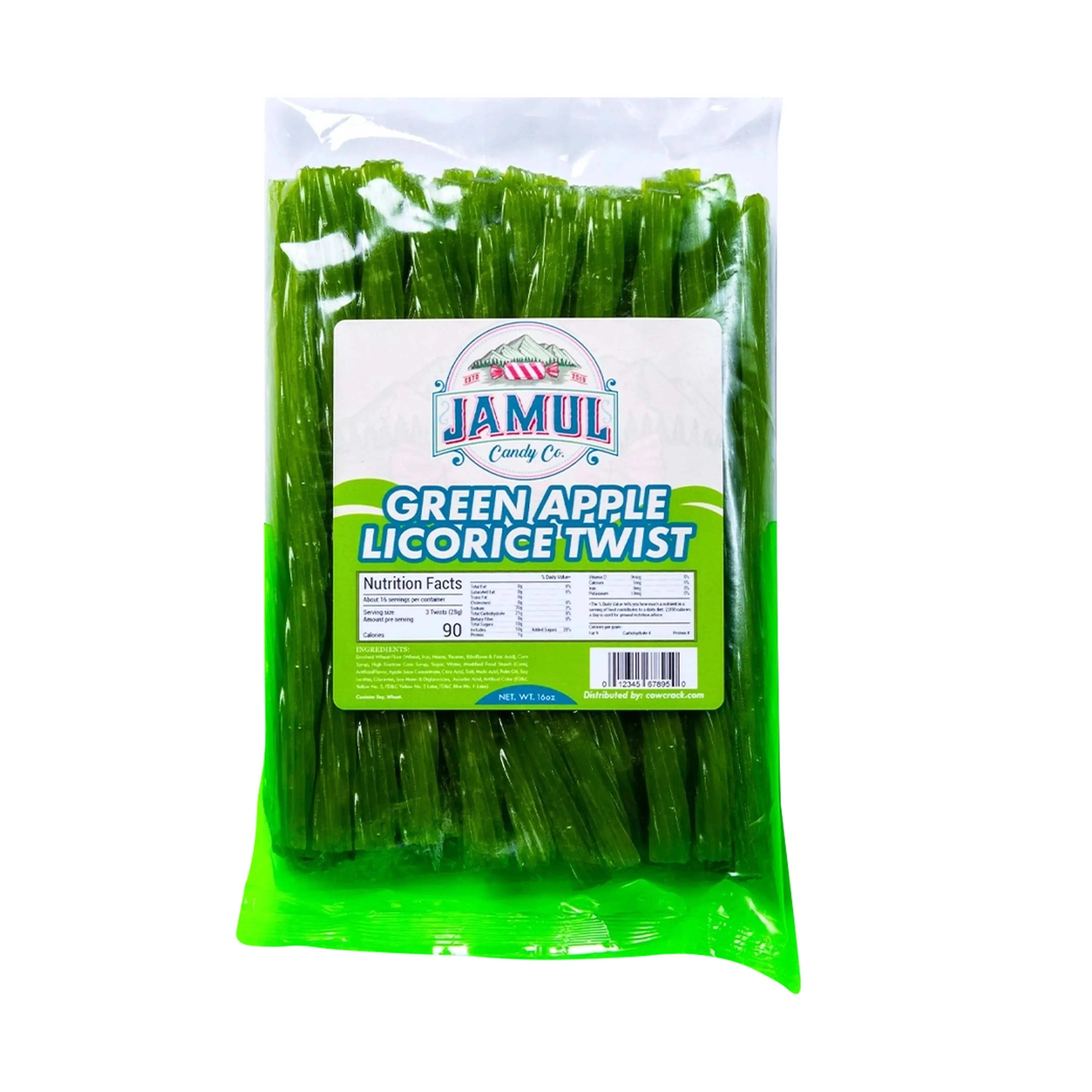 Top-down view of a clear bag showing tightly packed bright green twists of Jamul Candy Co. Green Apple Licorice - 16 oz.