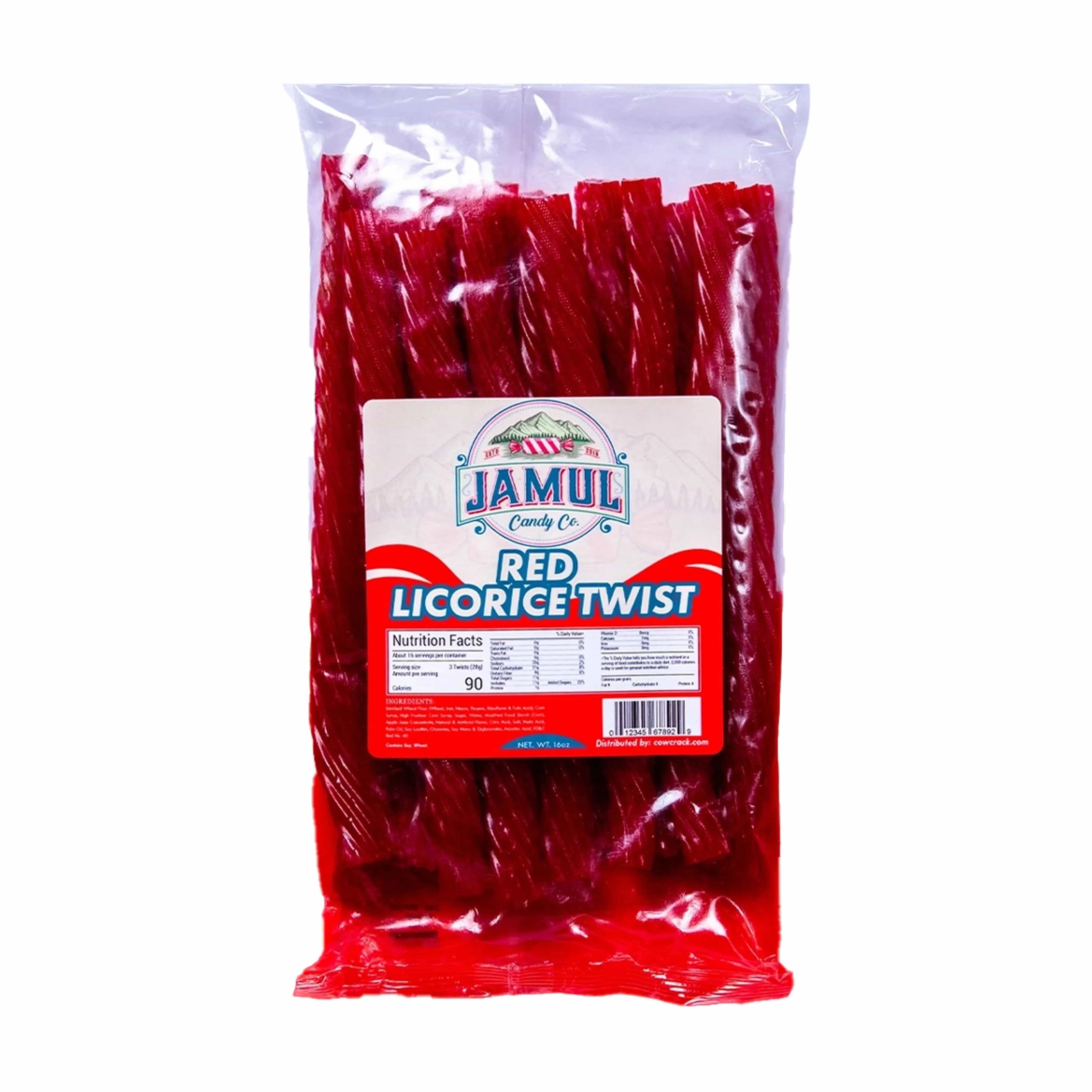 Top-down product shot of a clear bag filled with red twists showing the Jamul Candy Co. Red Licorice Twist label.