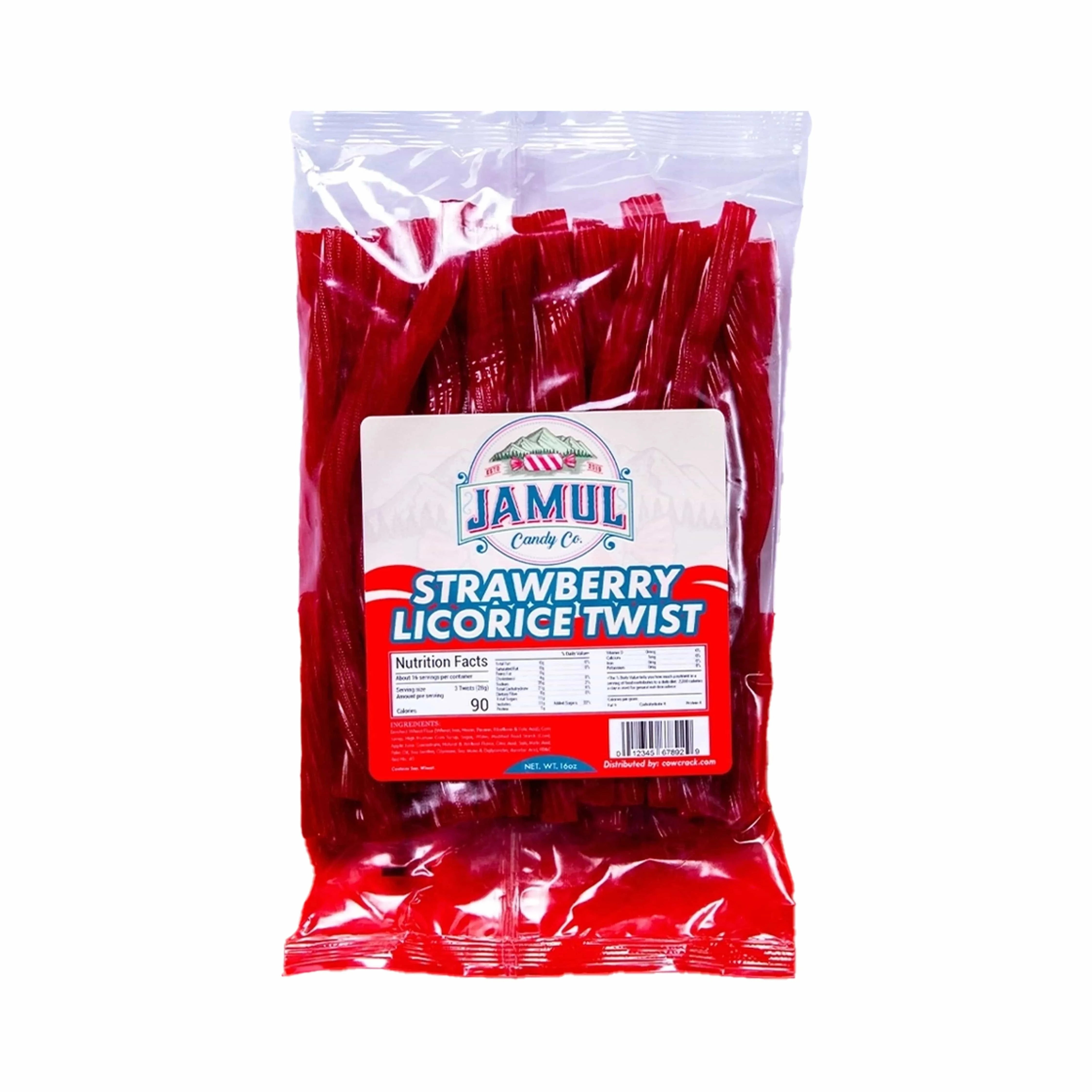 Top-down view of a clear bag of Jamul Candy Co. Strawberry Licorice - 16 oz. showing bright red twisted licorice and the partial label.