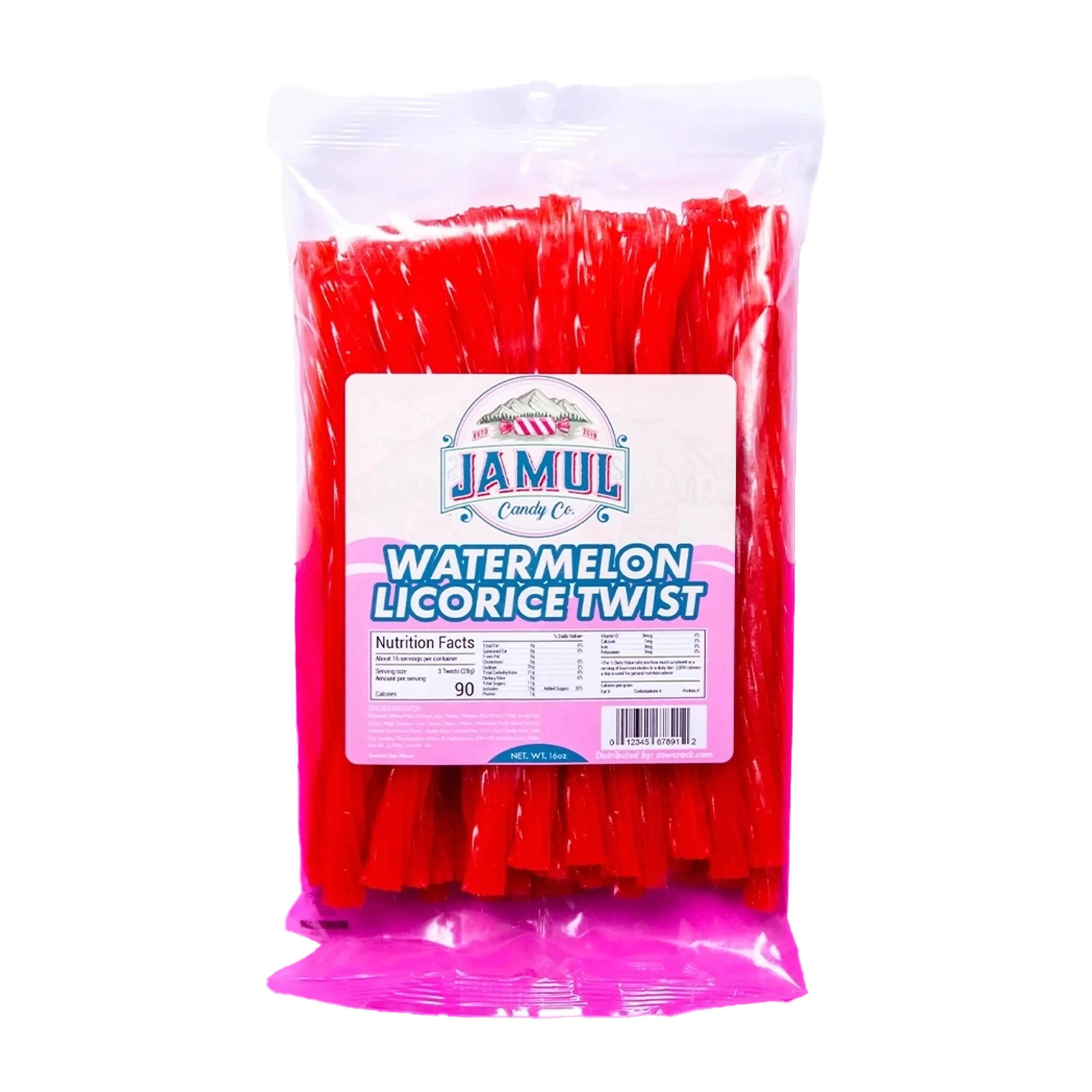 Close-up front view of a clear bag of bright red Jamul Candy Co. Watermelon Licorice - 16 oz., label and twists visible