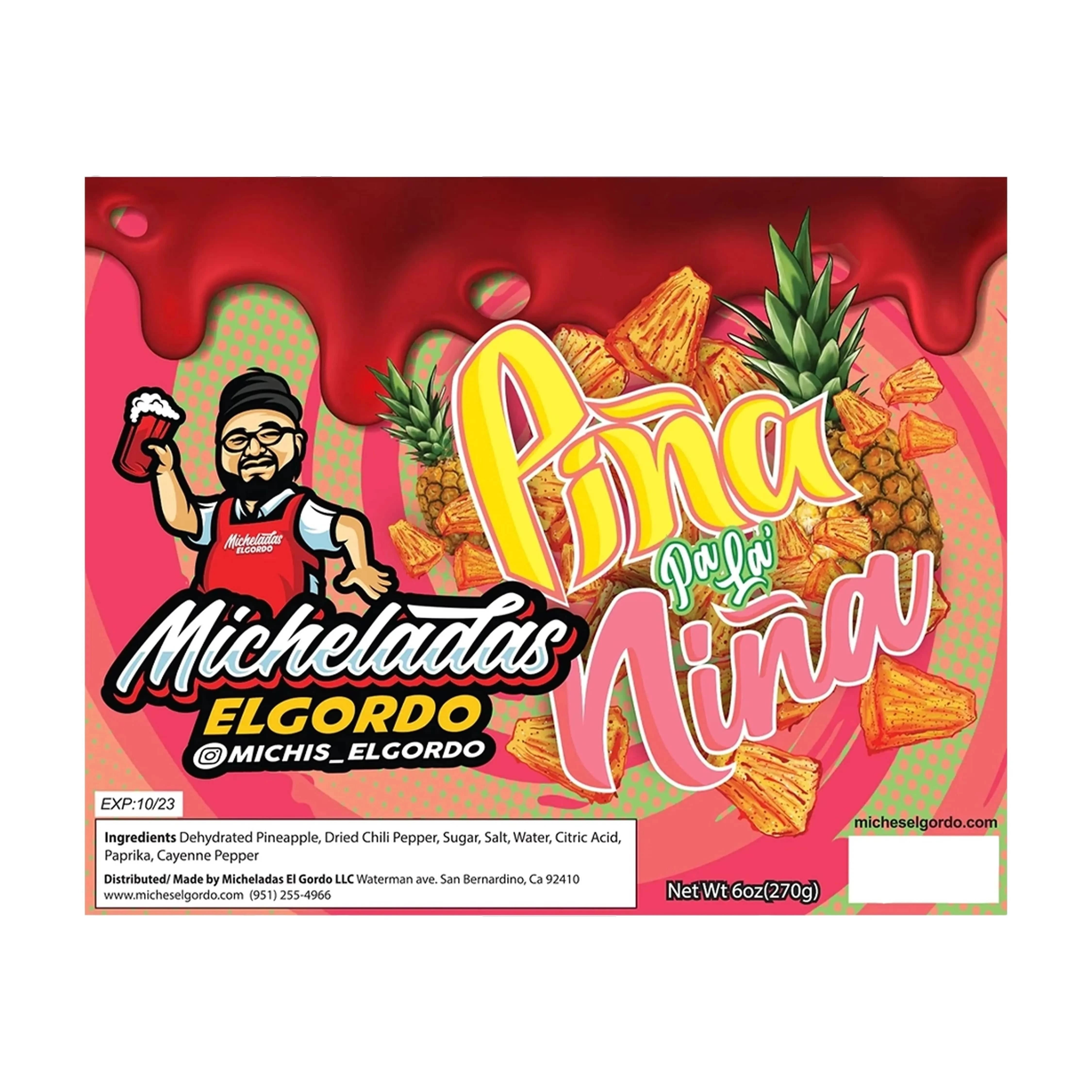 Bright front-facing label showing a cartoon vendor, pineapples and spicy snack pieces with the Micheladas El Gordo Pina Pala Nina - 6 oz. name.
