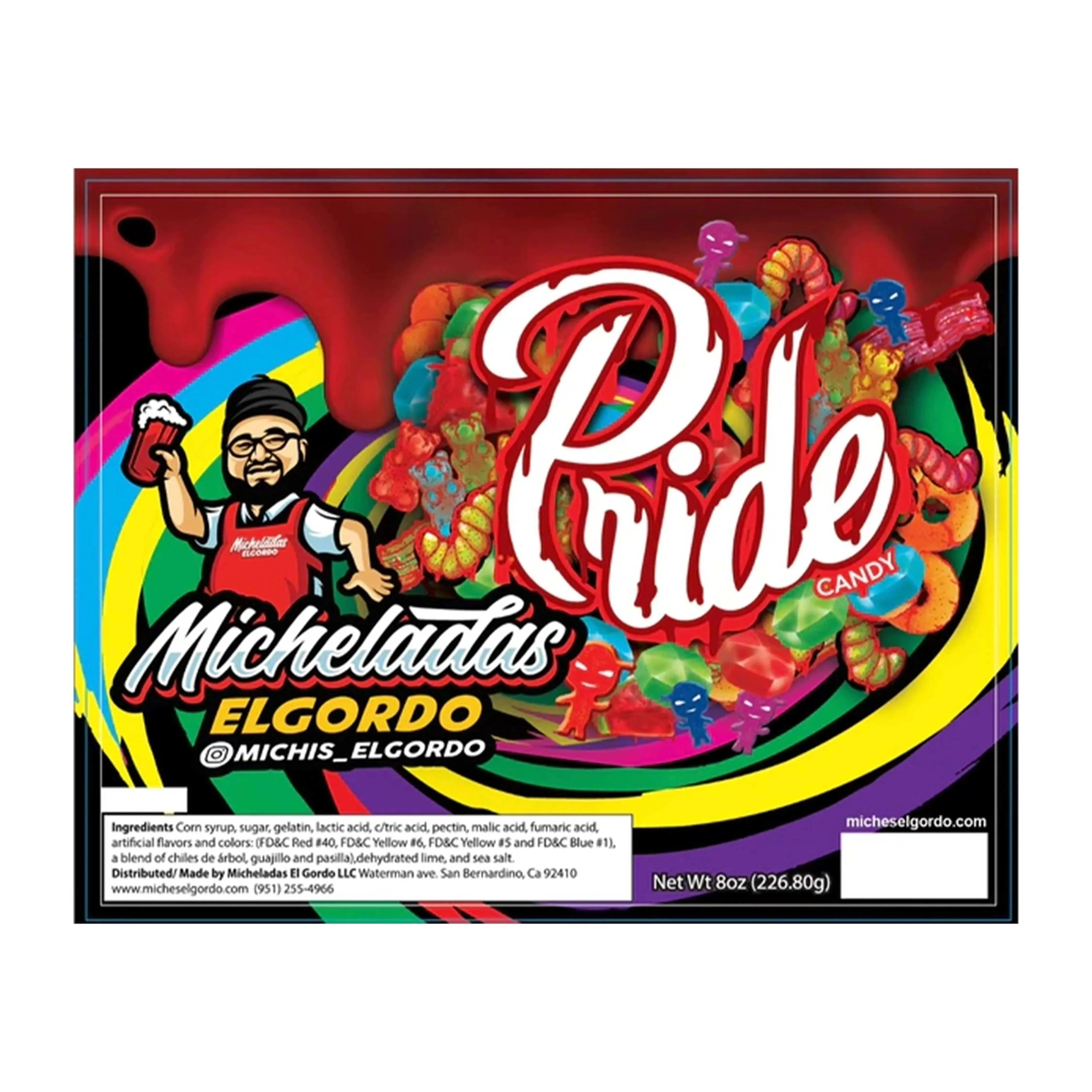 Colorful close-up of the Micheladas El Gordo Pinche Party Mix - 8 oz. package showing a rainbow swirl, mascot, and candy pile.