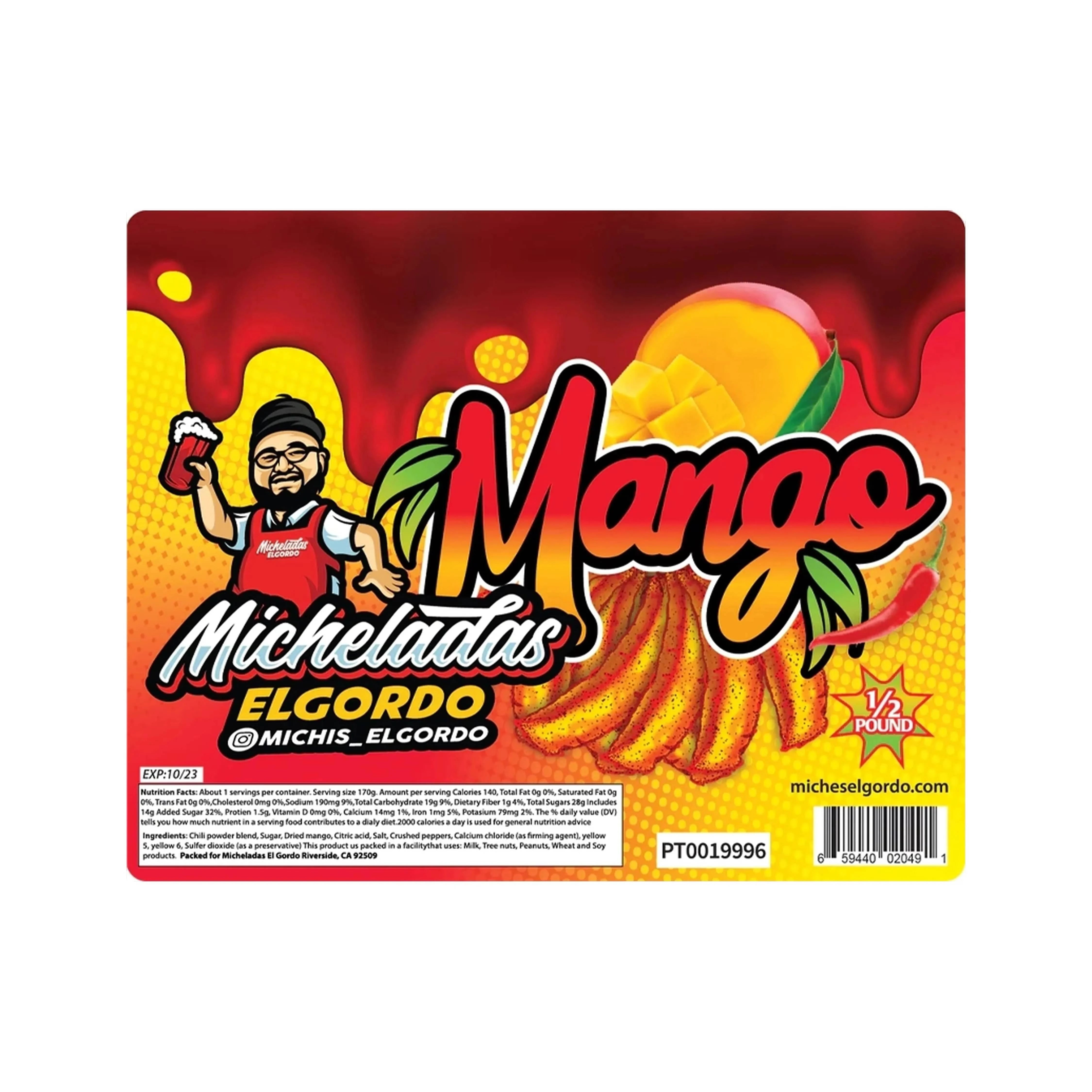 Top portion of the Micheladas El Gordo Spicy Mango Fruit - 6 oz. label showing a colorful cartoon man, dripping red sauce and sliced mango graphics.