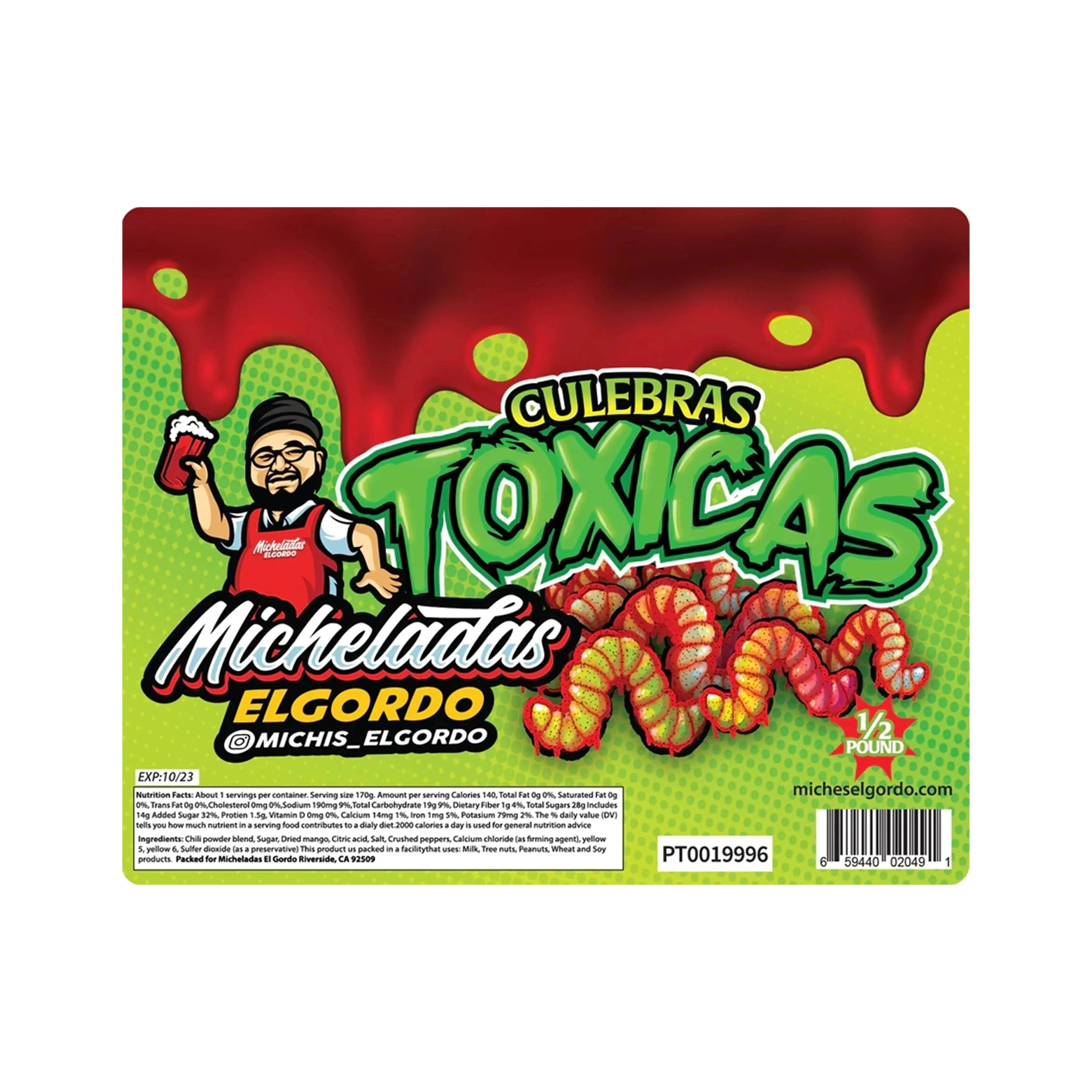 Top-cropped label art showing a cartoon man and bright green graffiti text on the Micheladas El Gordo Toxicas Gummy Worms - 8 oz. package.